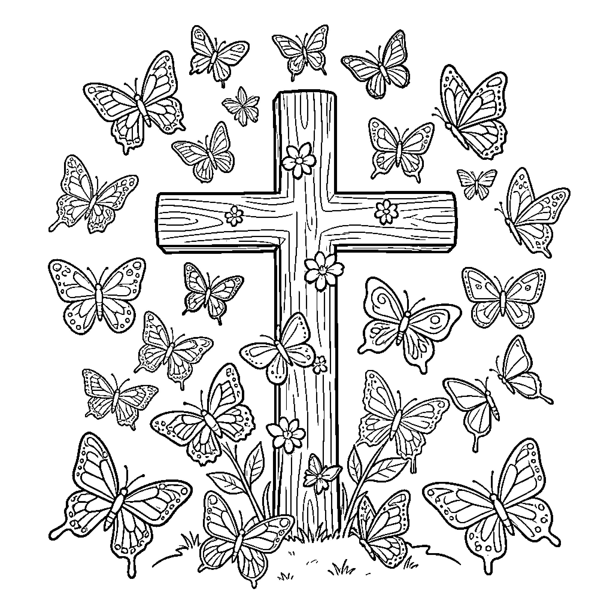 Cross with Butterflies and Flowers Coloring Page (free black-and-white line drawing printable PDF for all, from beginners to advanced learners, including children, teens, adults, and seniors)
