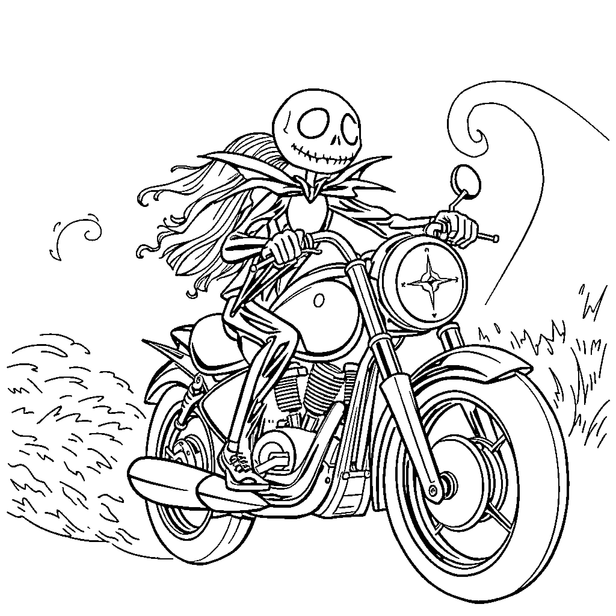 Jack Skellington riding a spooky motorcycle in the night Coloring Page (free black-and-white line drawing printable PDF for all, from beginners to advanced learners, including children, teens, adults, and seniors)