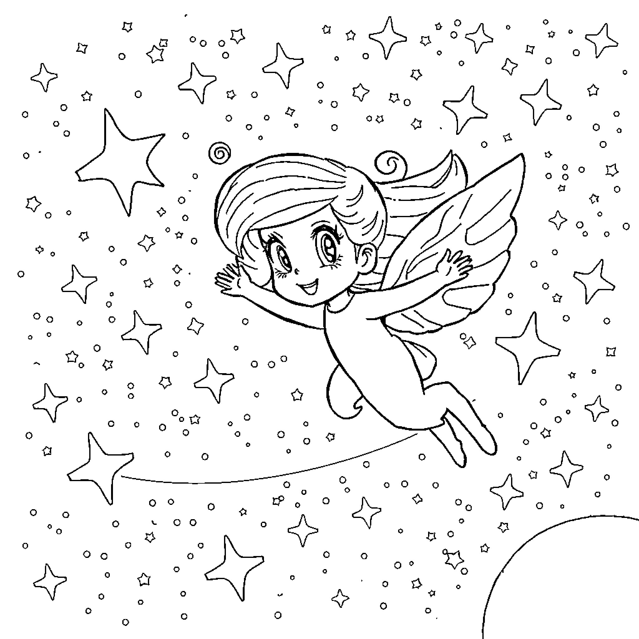 Gabby's Starry Night Fairy Adventure Coloring Page (free black-and-white line drawing printable PDF for all, from beginners to advanced learners, including children, teens, adults, and seniors)