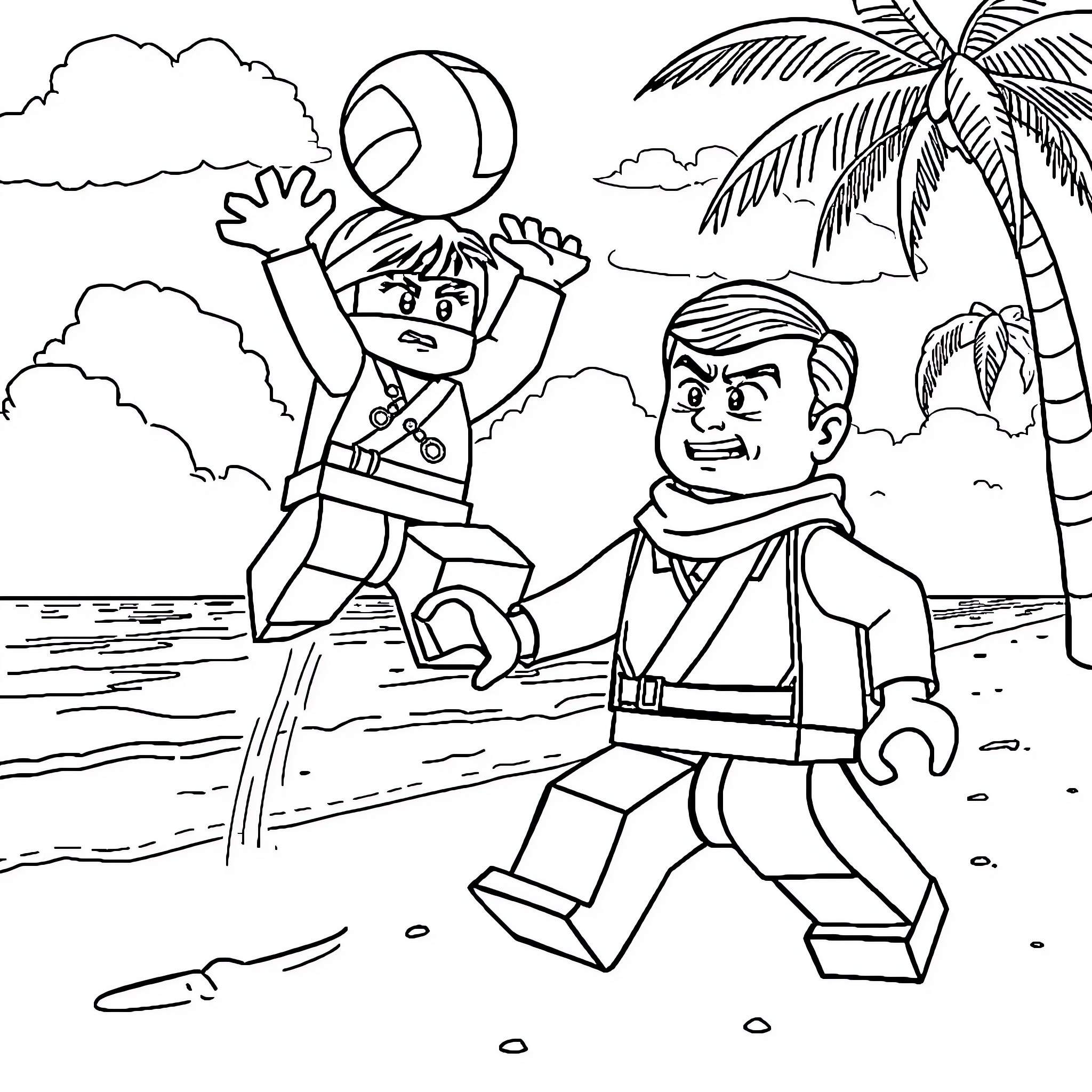 Kai's Fun Beach Adventure with Friends Coloring Page (free black-and-white line drawing printable PDF for all, from beginners to advanced learners, including children, teens, adults, and seniors)