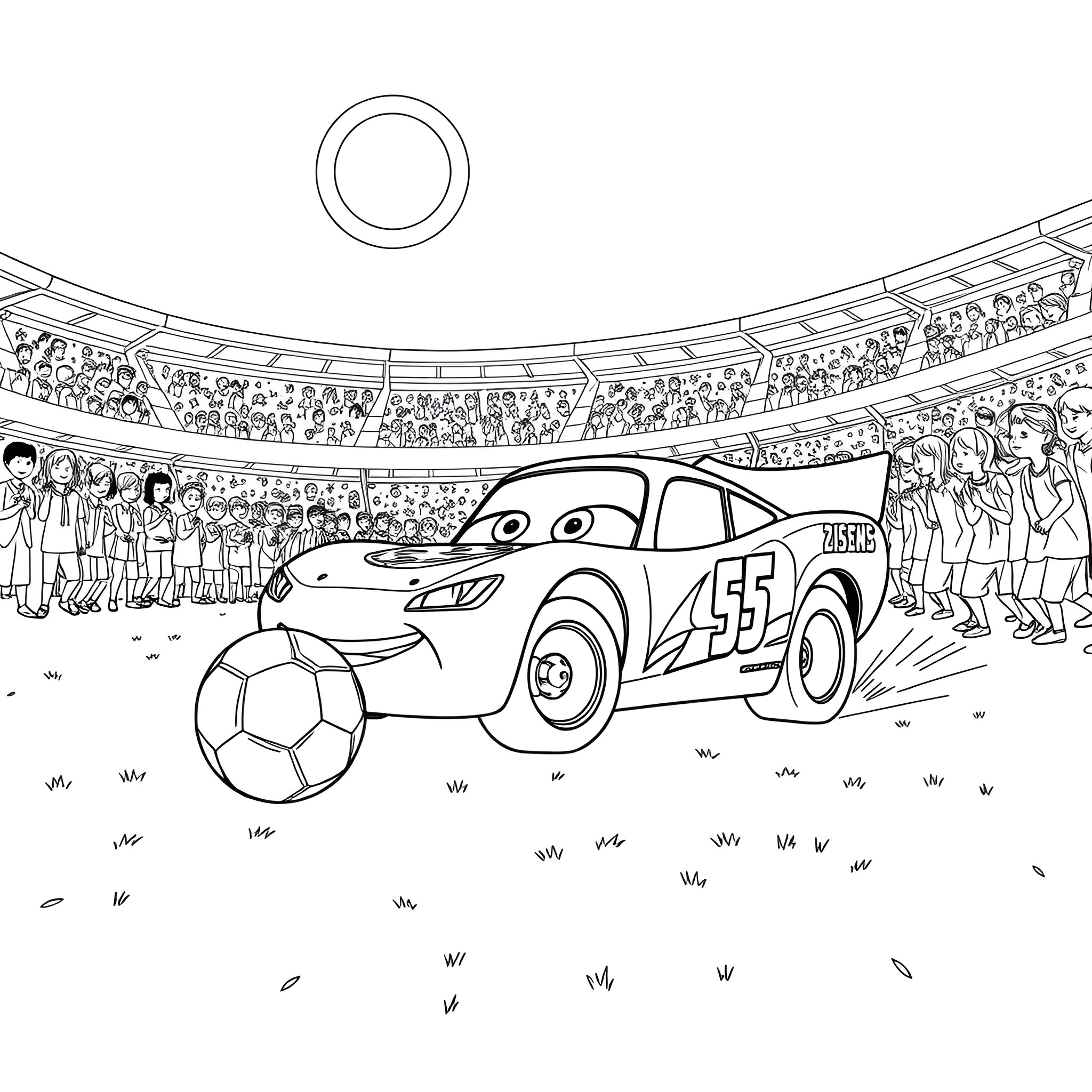 Lightning McQueen playing soccer in a stadium Coloring Page (free black-and-white line drawing printable PDF for all, from beginners to advanced learners, including children, teens, adults, and seniors)