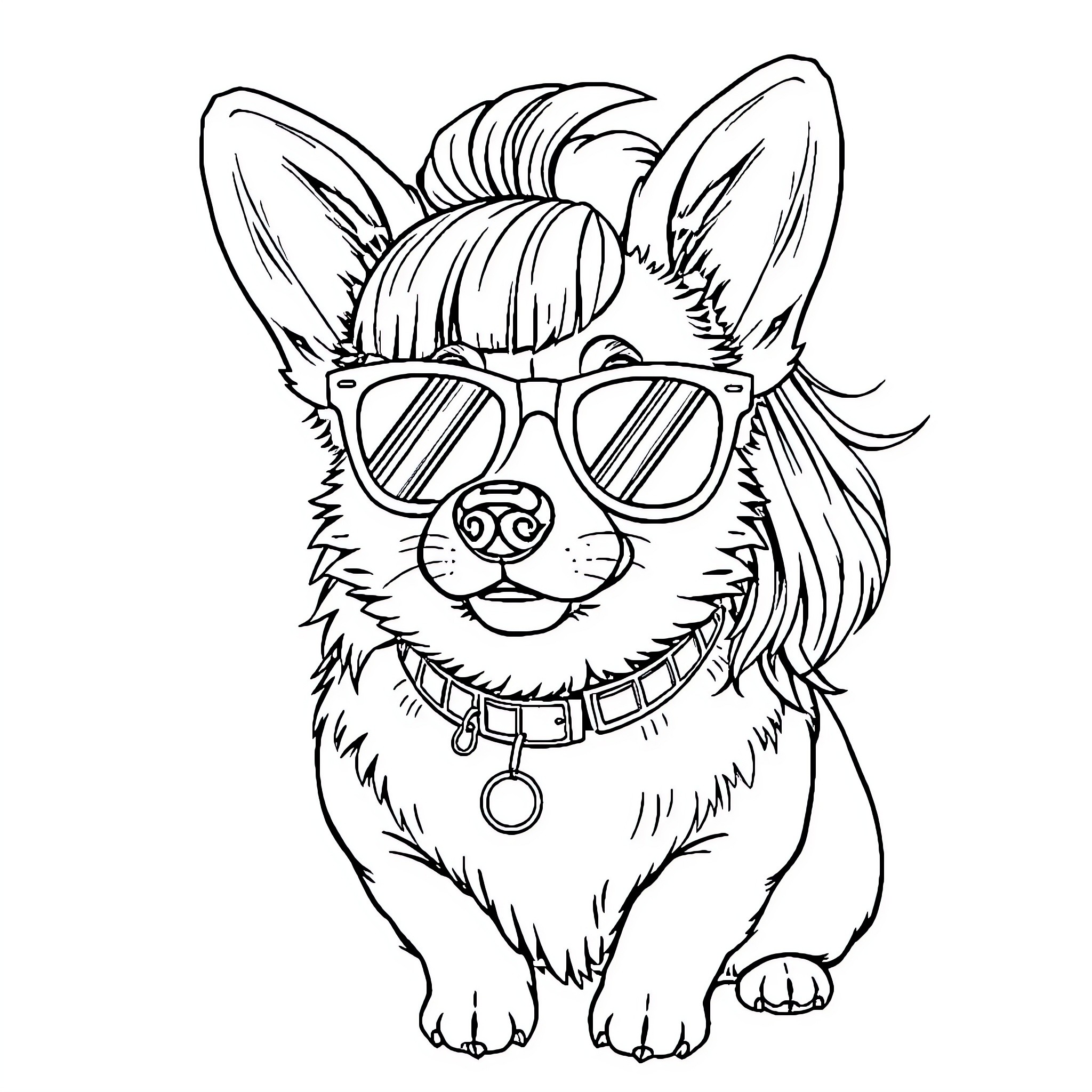 Lady Gaga's Adorable Corgi in Funky Eyeglasses Coloring Page (free black-and-white line drawing printable PDF for all, from beginners to advanced learners, including children, teens, adults, and seniors)