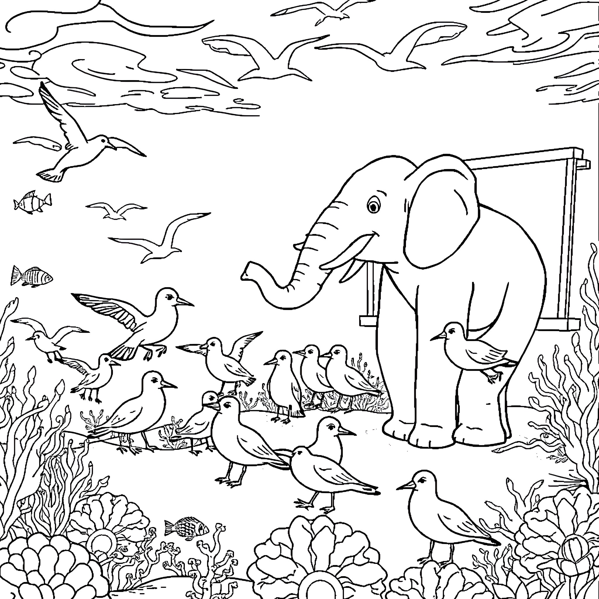 Elephant surrounded by birds in a natural setting Coloring Page (free black-and-white line drawing printable PDF for all, from beginners to advanced learners, including children, teens, adults, and seniors)
