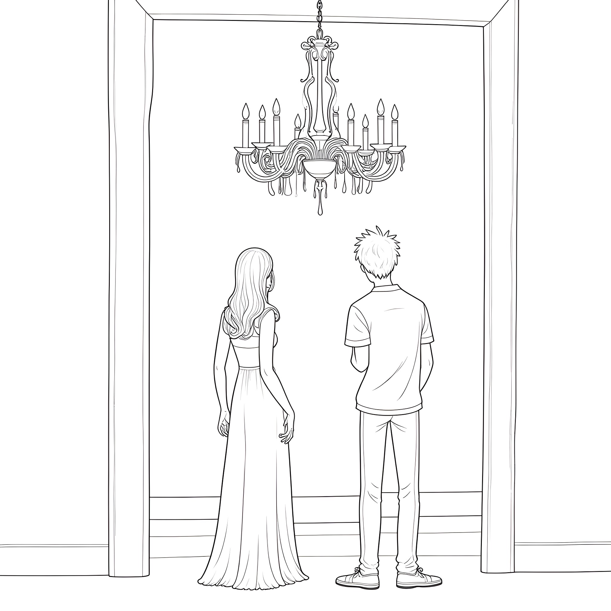 Couple admiring chandelier in elegant room Coloring Page (free black-and-white line drawing printable PDF for all, from beginners to advanced learners, including children, teens, adults, and seniors)