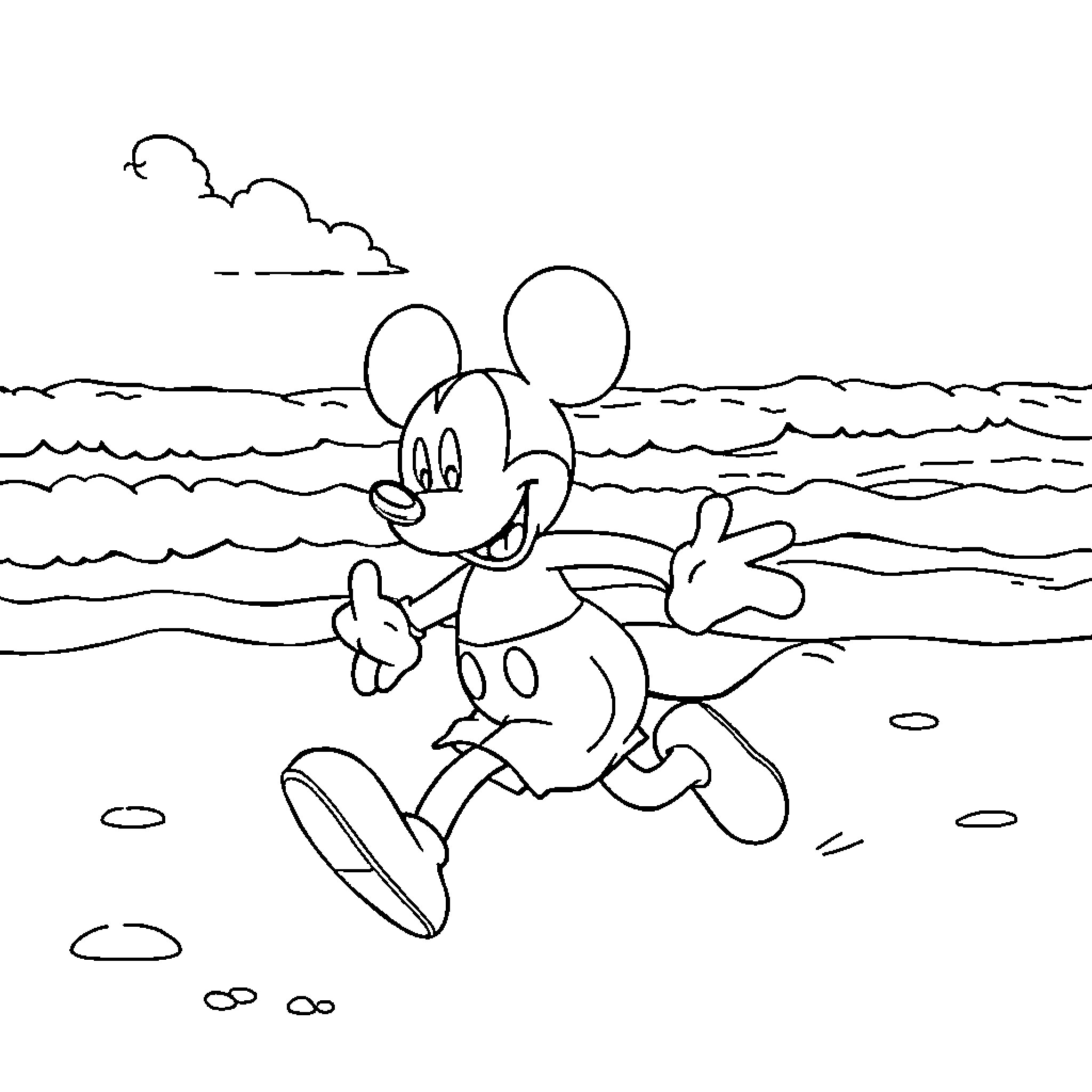 Mickey Mouse running on the beach Coloring Page (free black-and-white line drawing printable PDF for all, from beginners to advanced learners, including children, teens, adults, and seniors)