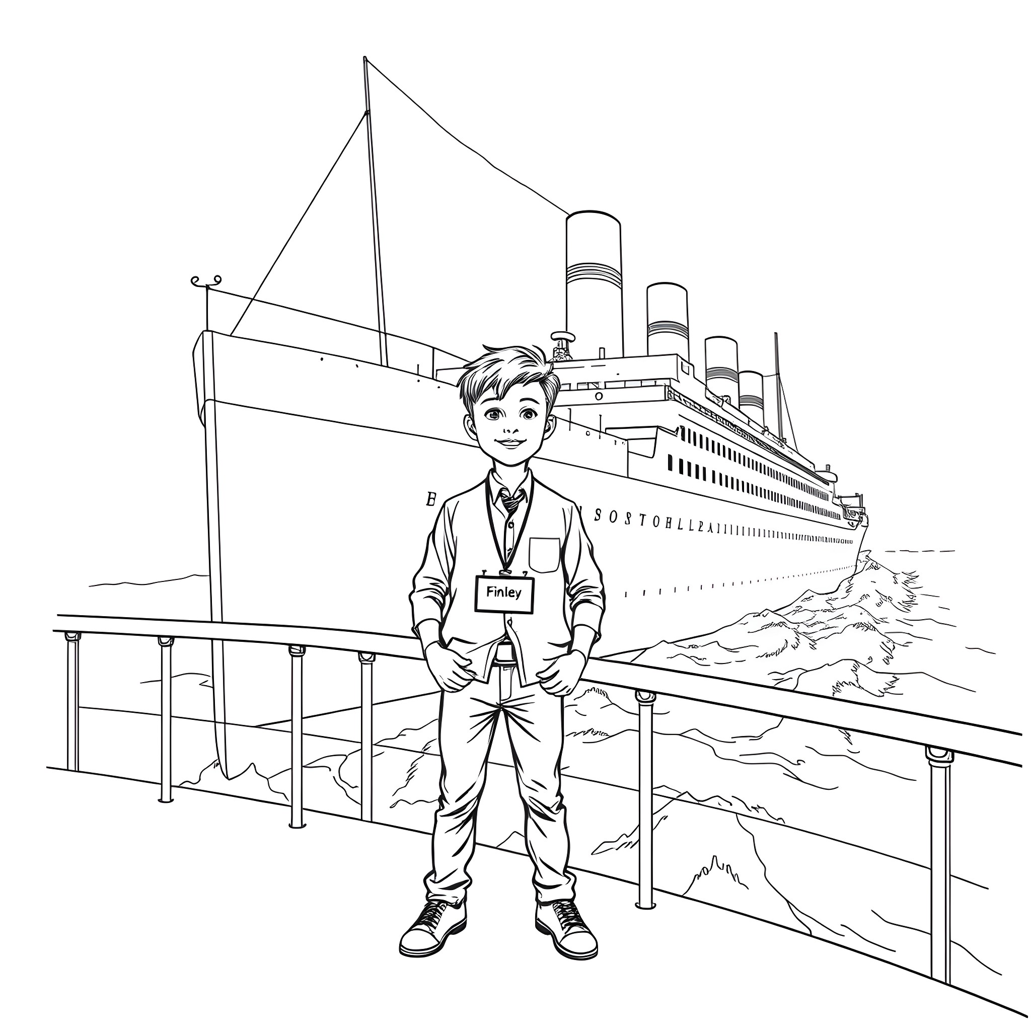 Boy waiting by the dock for the ocean liner Coloring Page (free black-and-white line drawing printable PDF for all, from beginners to advanced learners, including children, teens, adults, and seniors)