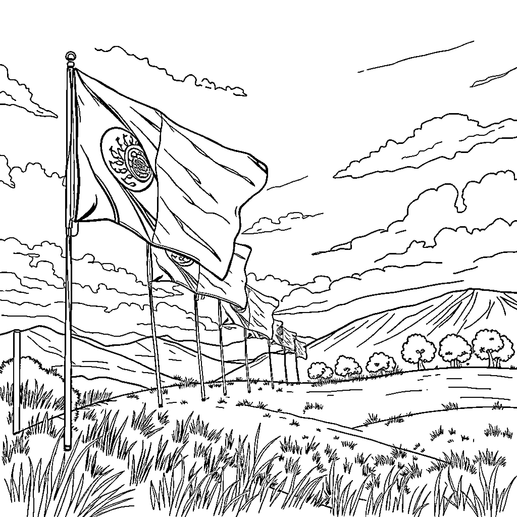 Flag Waving Proudly in the Scenic Landscape Coloring Page (free black-and-white line drawing printable PDF for all, from beginners to advanced learners, including children, teens, adults, and seniors)