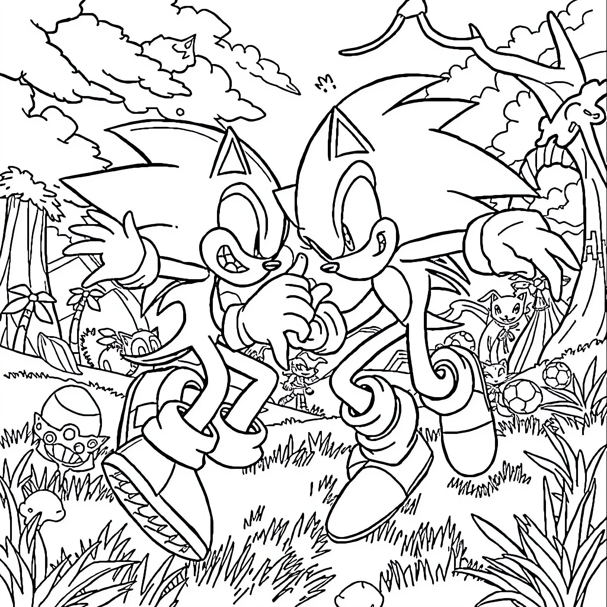 Sonic characters in an adventurous scene Coloring Page (free black-and-white line drawing printable PDF for all, from beginners to advanced learners, including children, teens, adults, and seniors)