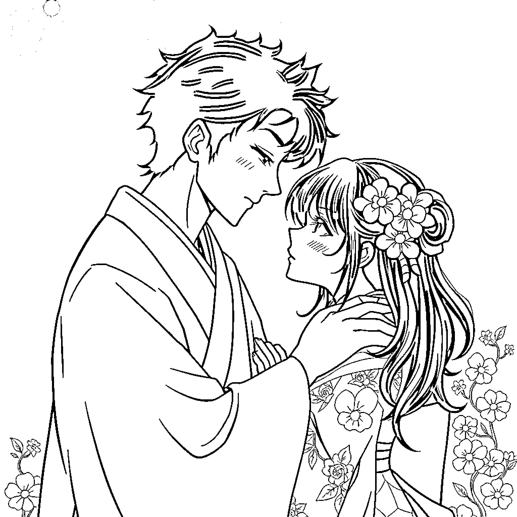 Tanjiro and Nezuko in affectionate embrace Coloring Page (free black-and-white line drawing printable PDF for all, from beginners to advanced learners, including children, teens, adults, and seniors)
