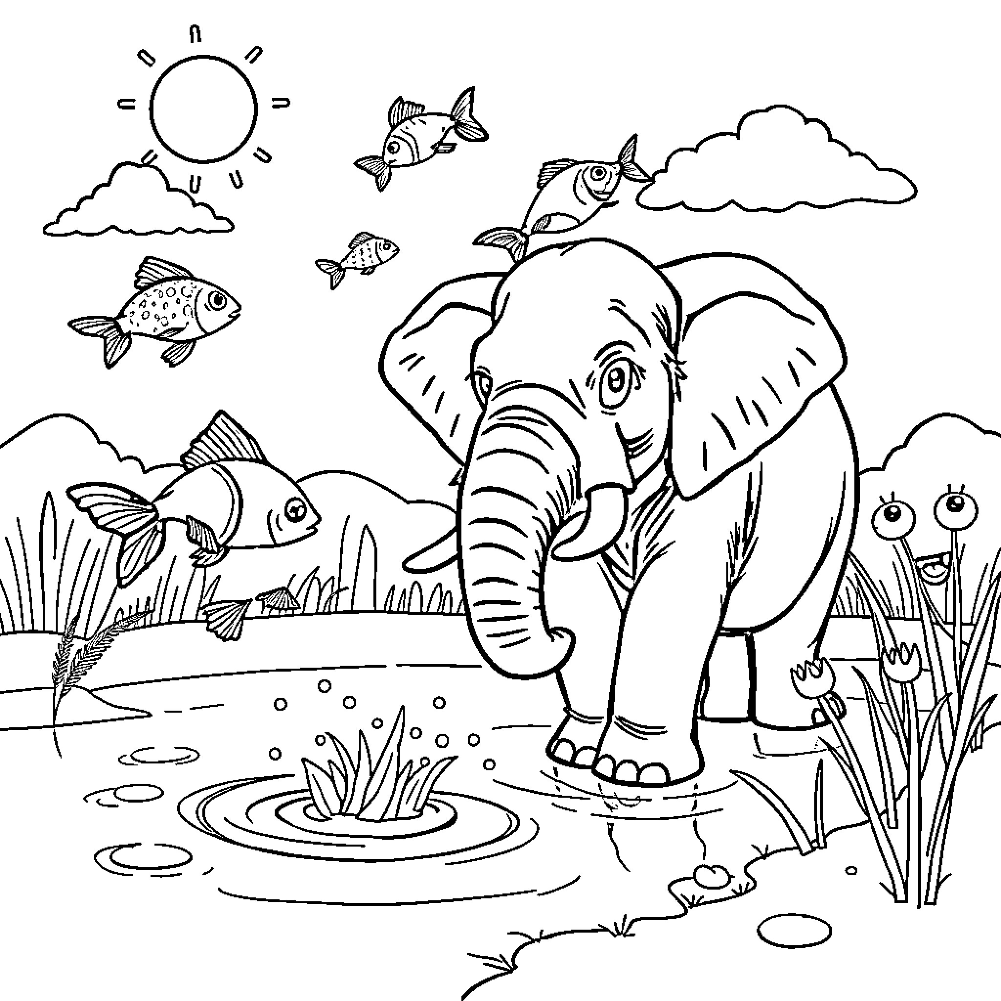 Elephant enjoying a peaceful day in the wild Coloring Page (free black-and-white line drawing printable PDF for all, from beginners to advanced learners, including children, teens, adults, and seniors)