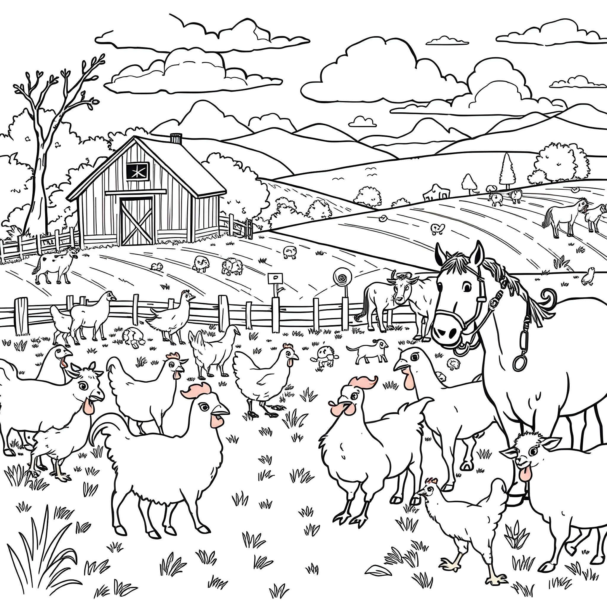 Farm Animal Tranquil Scene with Diverse Livestock Coloring Page (free black-and-white line drawing printable PDF for all, from beginners to advanced learners, including children, teens, adults, and seniors)