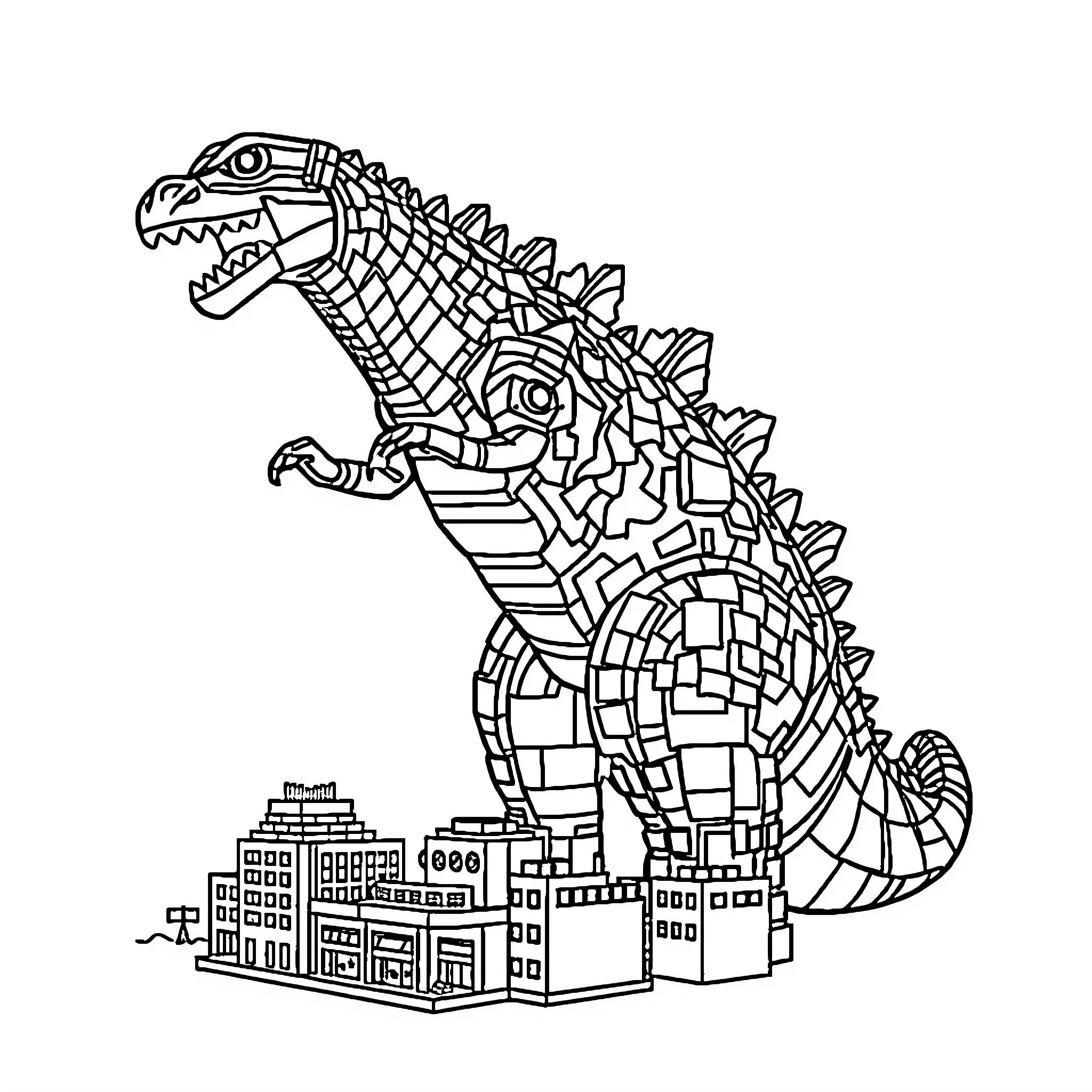 Godzilla Stomping Through Cityscape Coloring Page (free black-and-white line drawing printable PDF for all, from beginners to advanced learners, including children, teens, adults, and seniors)