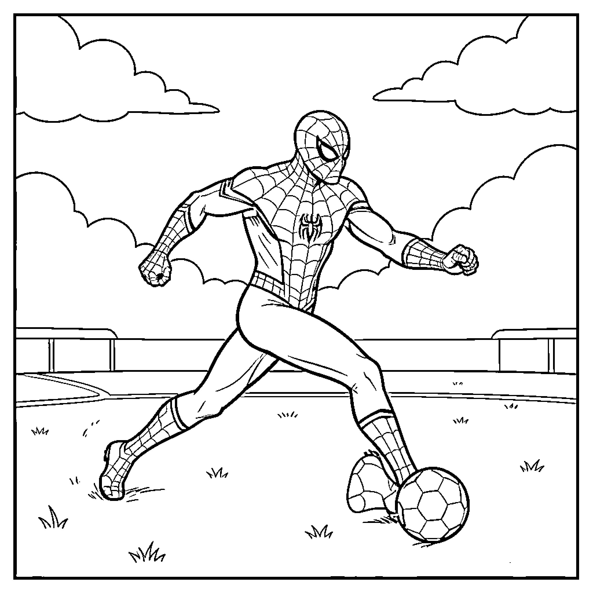 Spiderman playing soccer in an outdoor park Coloring Page (free black-and-white line drawing printable PDF for all, from beginners to advanced learners, including children, teens, adults, and seniors)