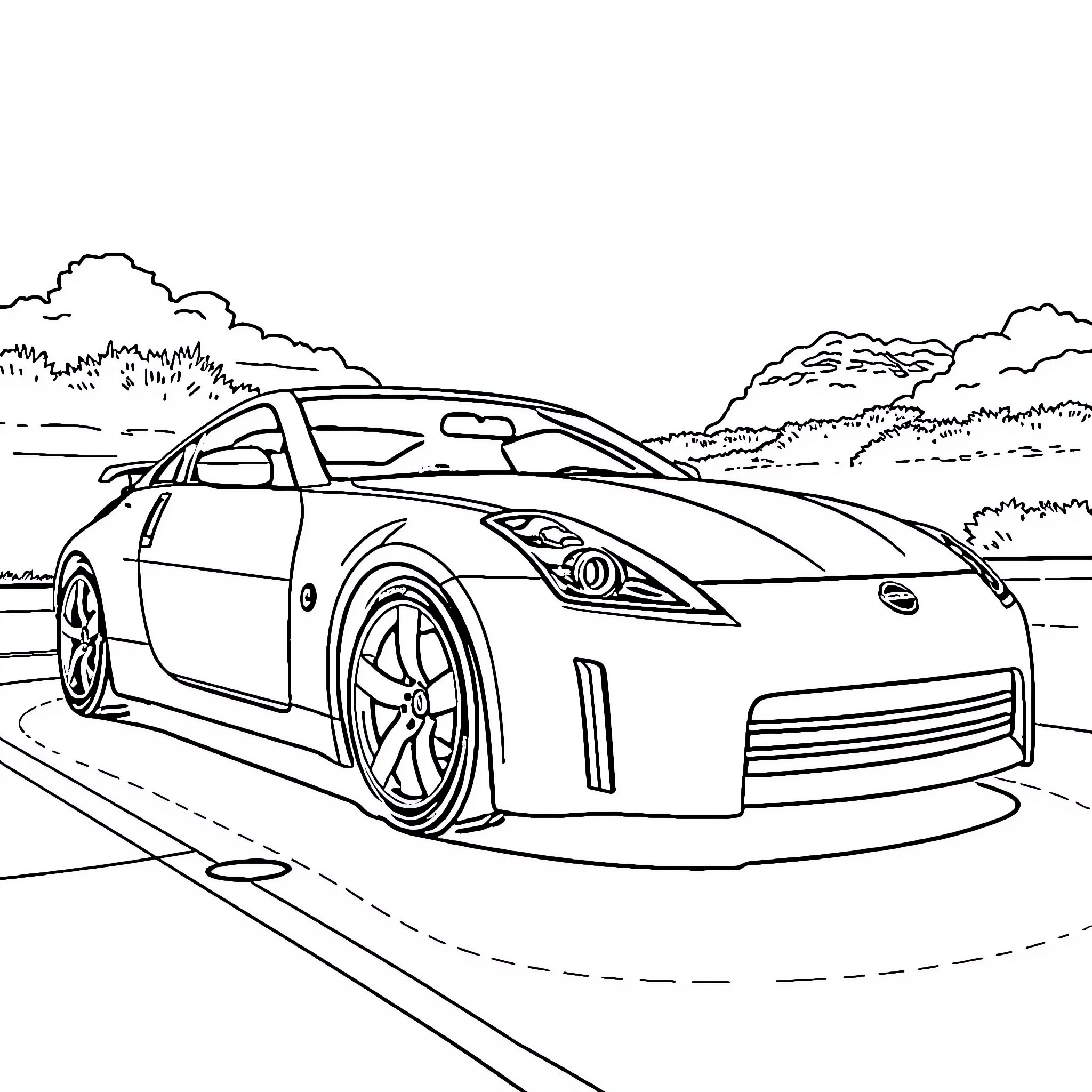 350z driving on a scenic road Coloring Page (free black-and-white line drawing printable PDF for all, from beginners to advanced learners, including children, teens, adults, and seniors)