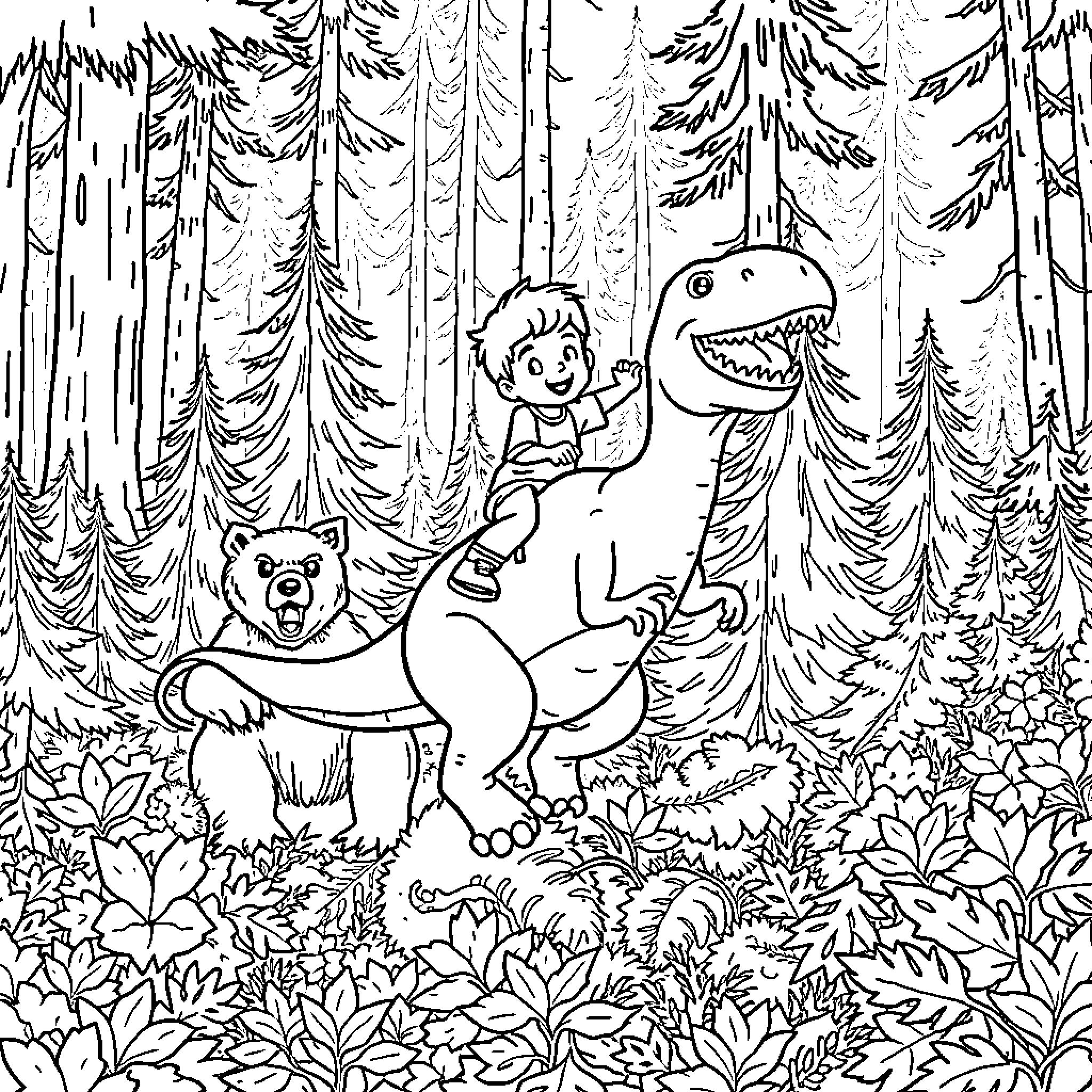 Boy playing with dinosaur and bear in forest Coloring Page (free black-and-white line drawing printable PDF for all, from beginners to advanced learners, including children, teens, adults, and seniors)