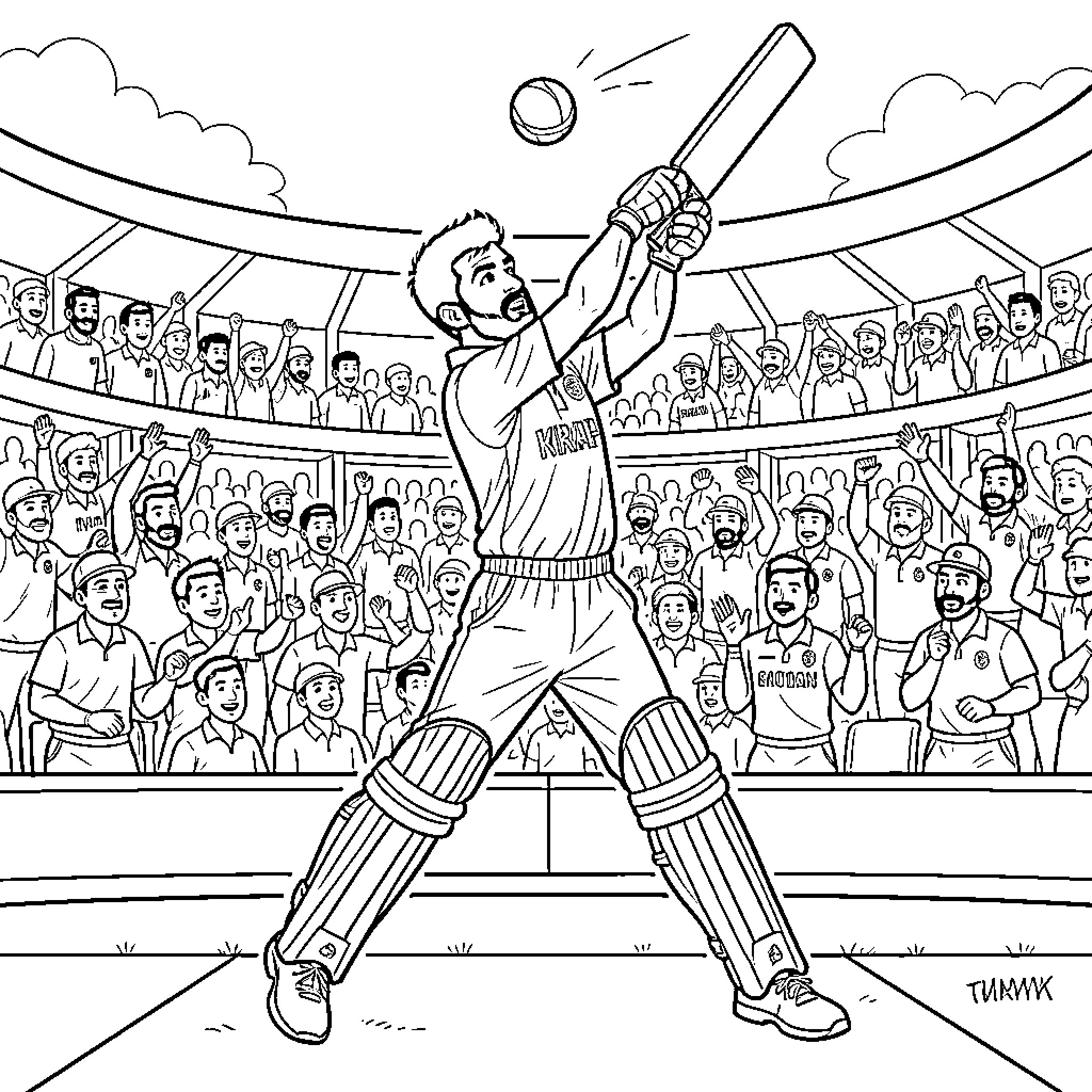 Virat Kohli batting with enthusiasm in a cricket stadium Coloring Page (free black-and-white line drawing printable PDF for all, from beginners to advanced learners, including children, teens, adults, and seniors)