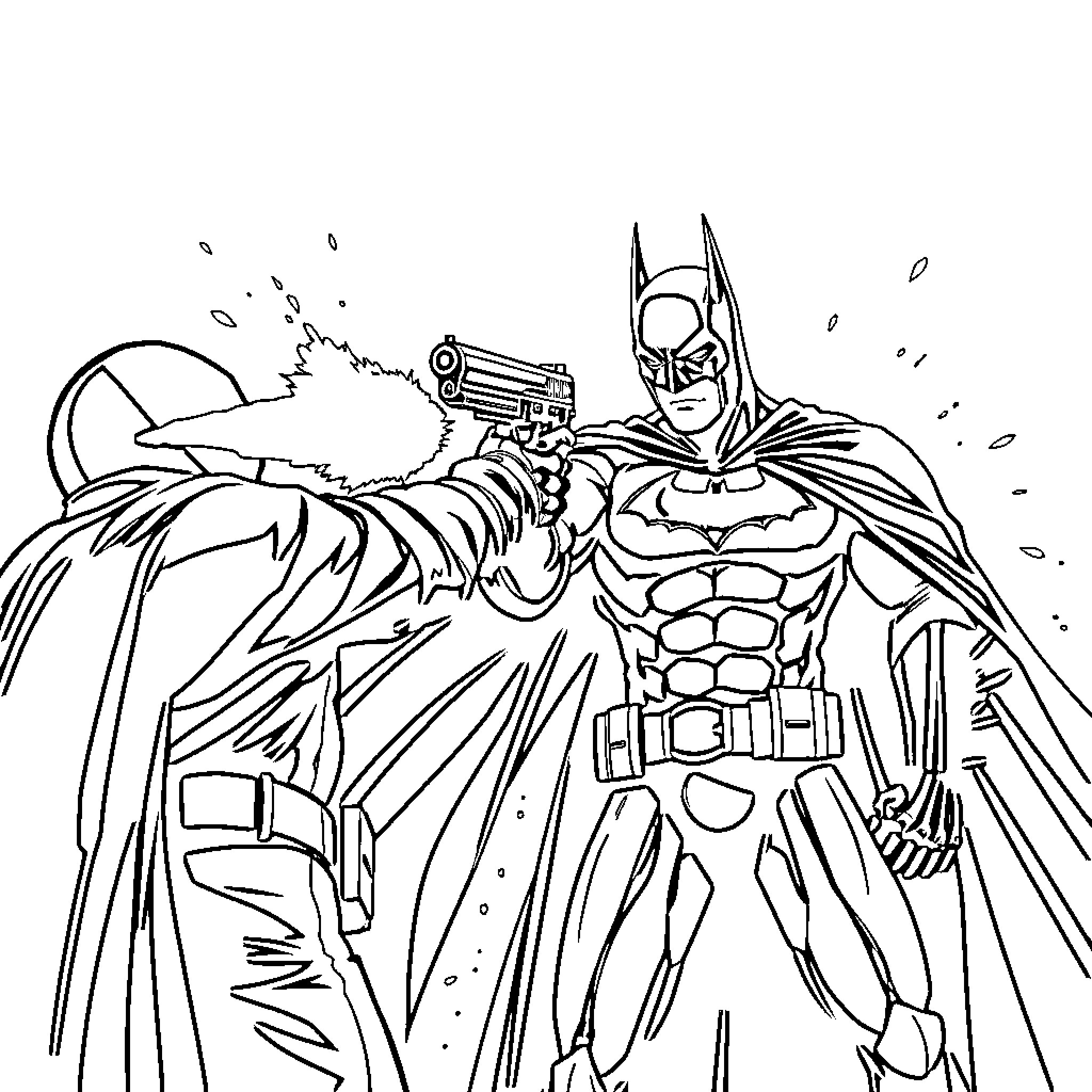 Sitch of Batman in action with a gun Coloring Page (free black-and-white line drawing printable PDF for all, from beginners to advanced learners, including children, teens, adults, and seniors)