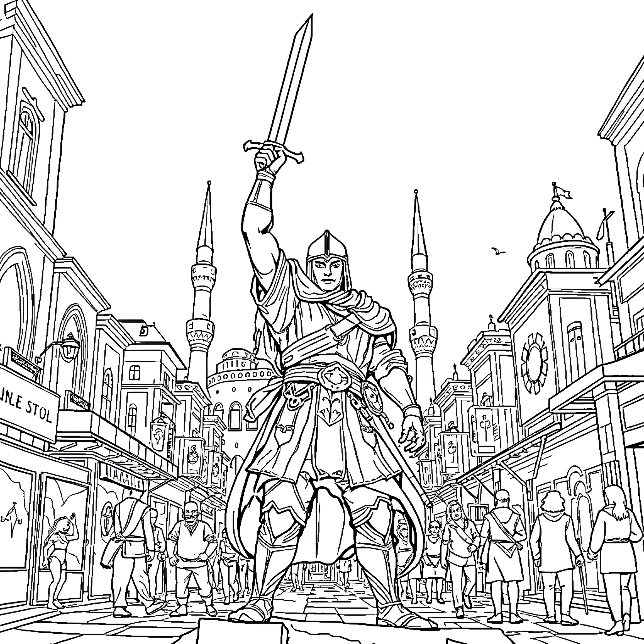 Warrior's Heroic Stance in Bustling City Marketplace Coloring Page (free black-and-white line drawing printable PDF for all, from beginners to advanced learners, including children, teens, adults, and seniors)