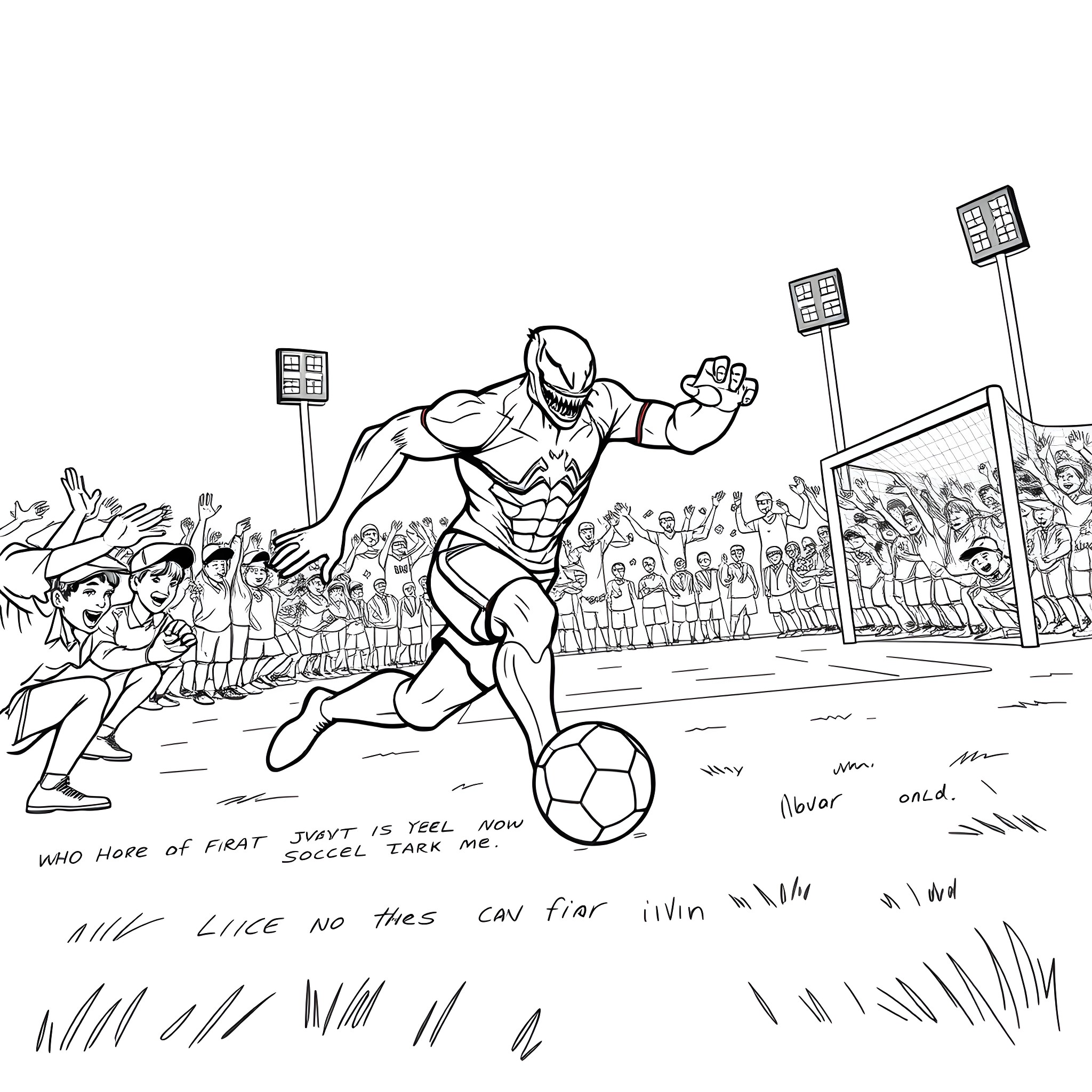 Venom Superheroes Challenging Soccer Players Coloring Page (free black-and-white line drawing printable PDF for all, from beginners to advanced learners, including children, teens, adults, and seniors)