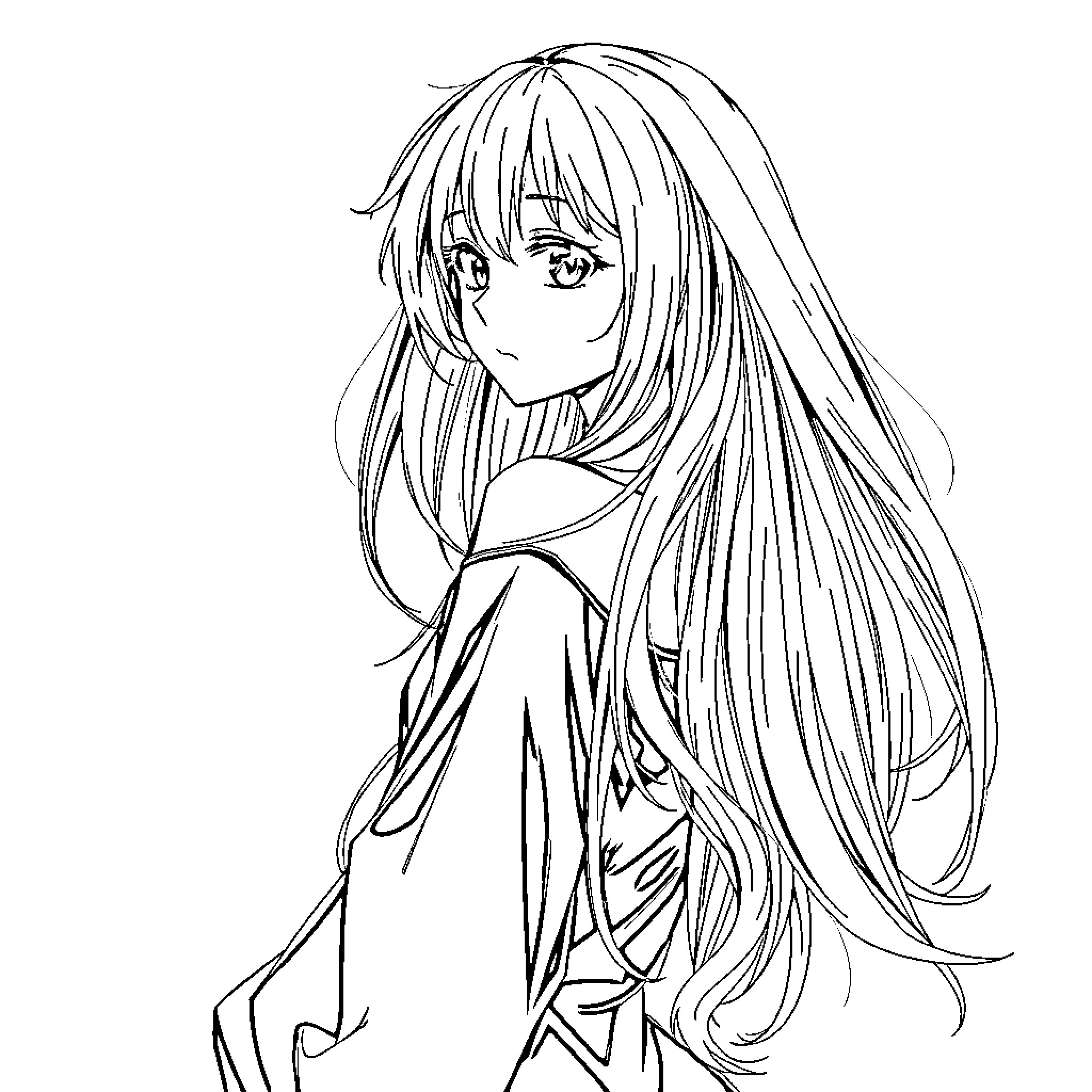 Anime Girl with Flowing Long Hair and Contemplative Expression Coloring Page (free black-and-white line drawing printable PDF for all, from beginners to advanced learners, including children, teens, adults, and seniors)