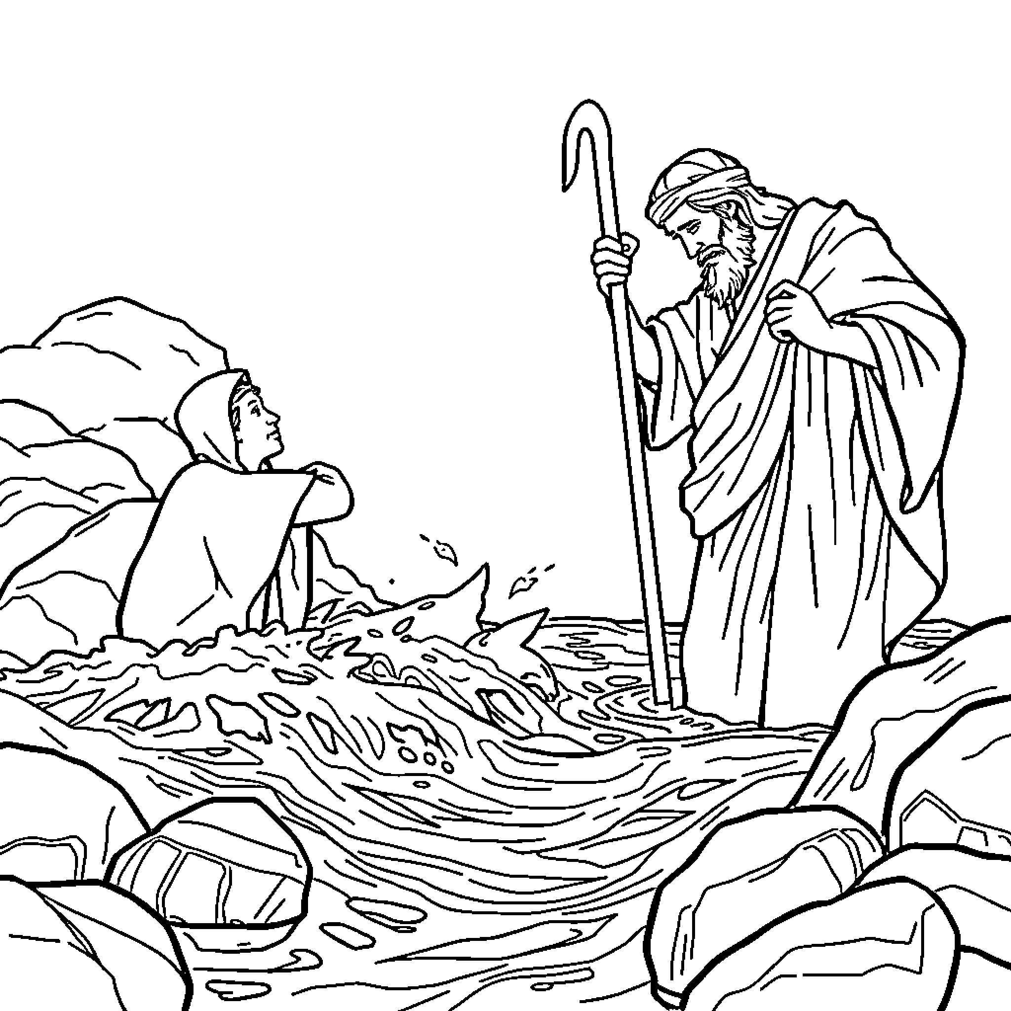 Baptism of a Faithful in the River Coloring Page (free black-and-white line drawing printable PDF for all, from beginners to advanced learners, including children, teens, adults, and seniors)