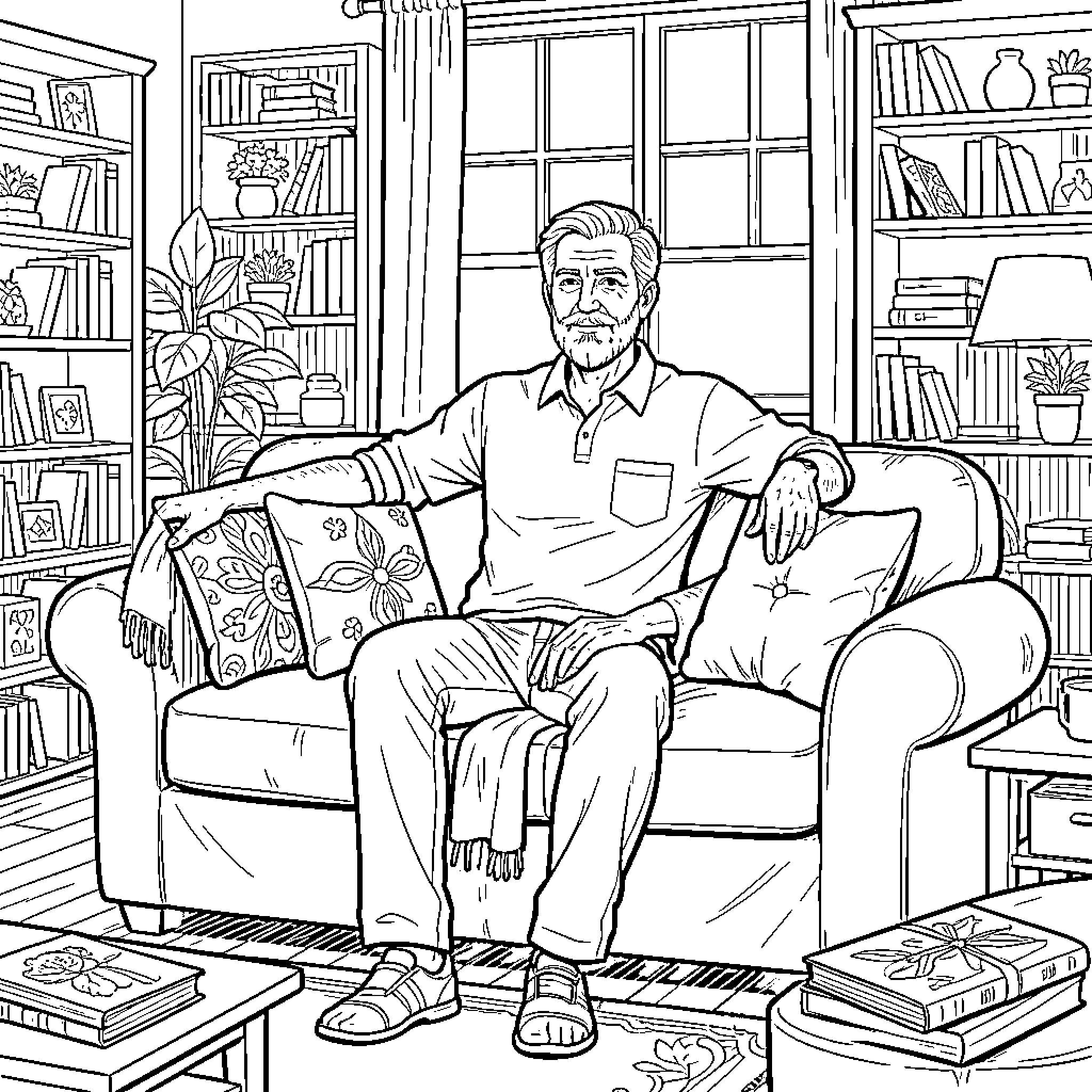 Man relaxing in his cozy home library Coloring Page (free black-and-white line drawing printable PDF for all, from beginners to advanced learners, including children, teens, adults, and seniors)