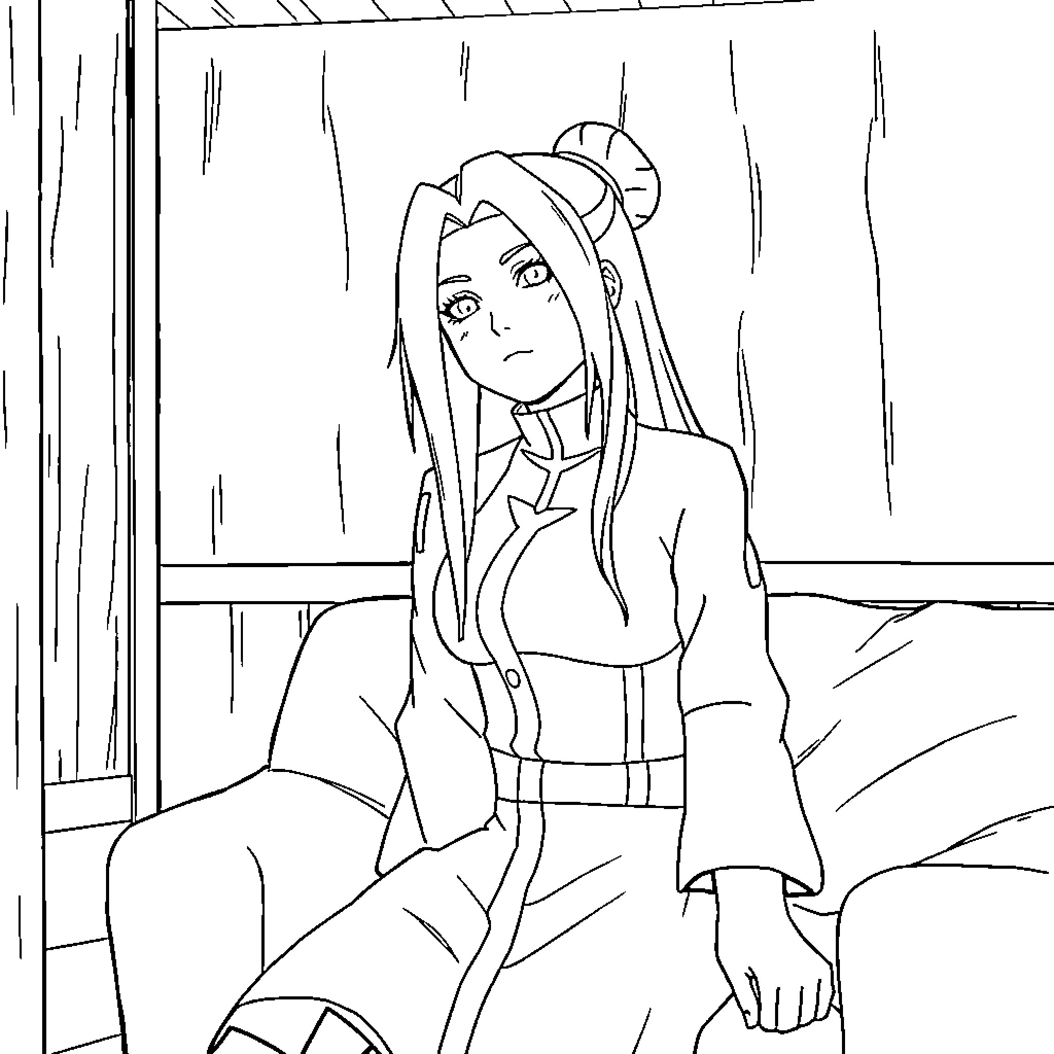 Tsunade sitting alone in contemplation Coloring Page (free black-and-white line drawing printable PDF for all, from beginners to advanced learners, including children, teens, adults, and seniors)