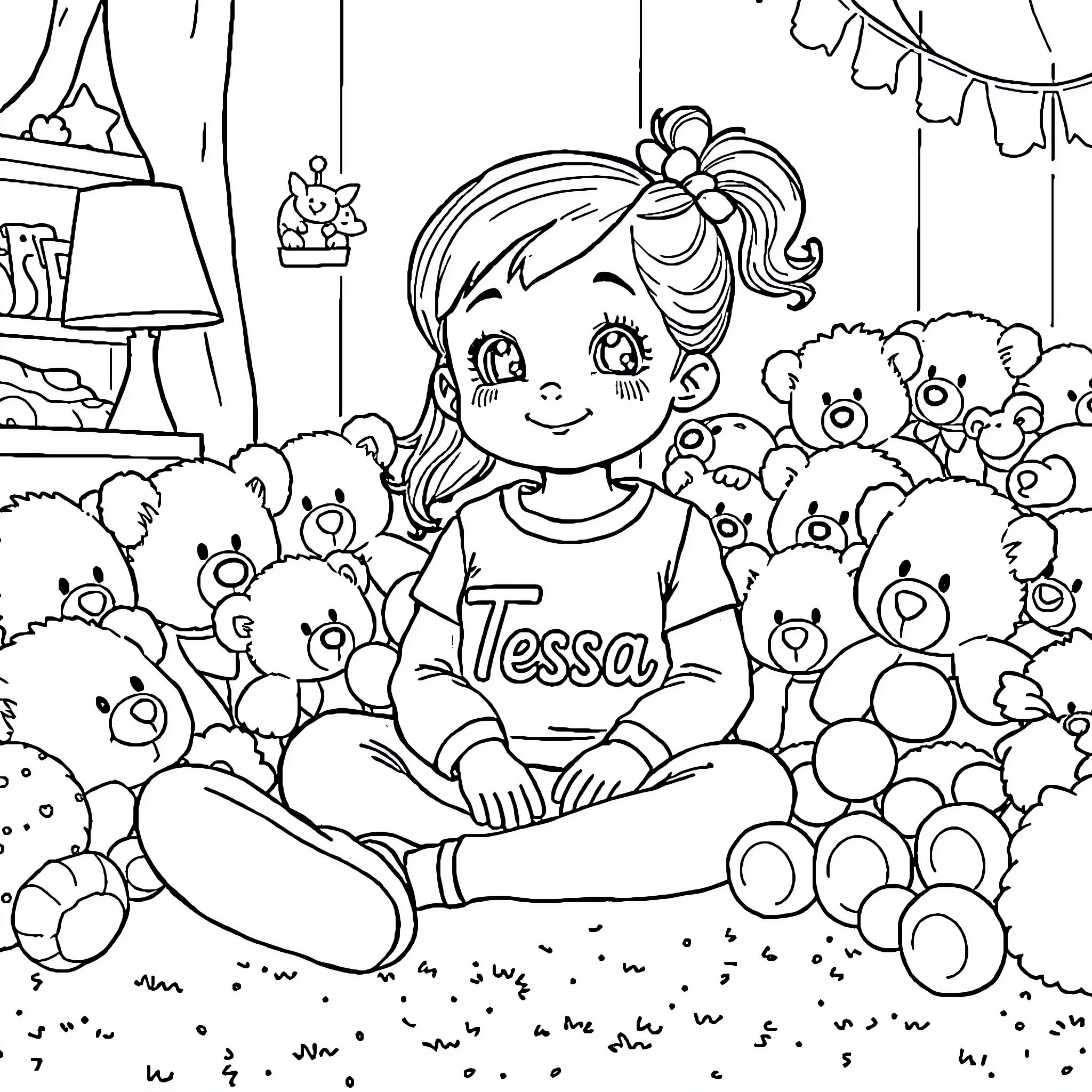 Girl surrounded by playful stuffed toys Coloring Page (free black-and-white line drawing printable PDF for all, from beginners to advanced learners, including children, teens, adults, and seniors)