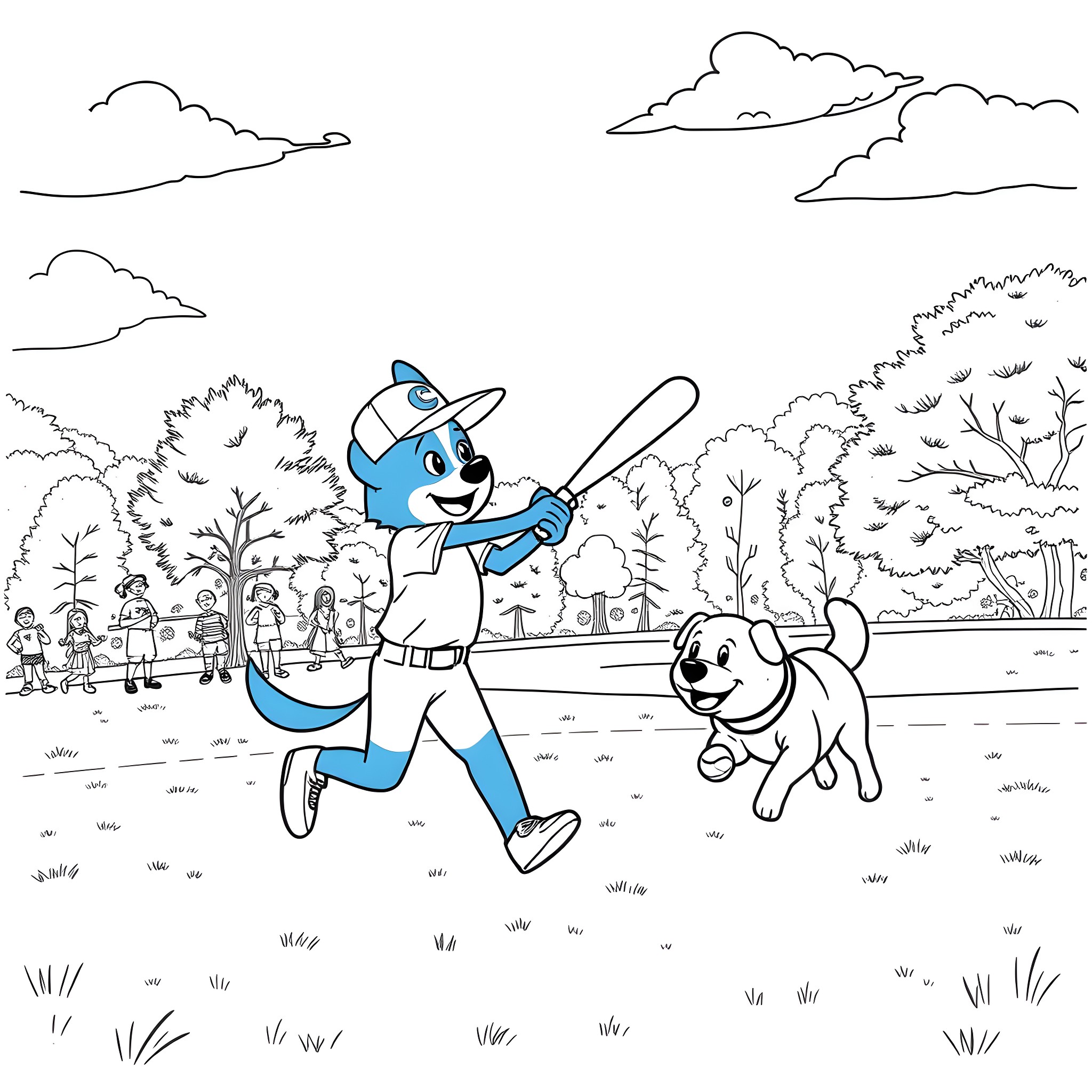 Bluey playing with friends in the park Coloring Page (free black-and-white line drawing printable PDF for all, from beginners to advanced learners, including children, teens, adults, and seniors)
