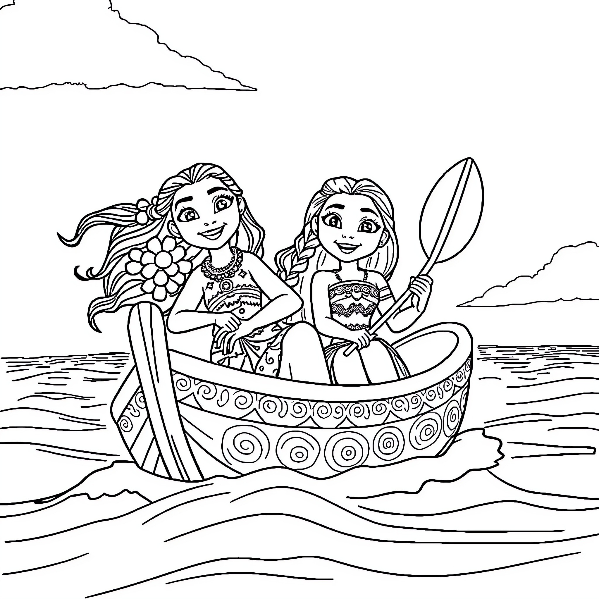 Moana and her friend in a decorated boat Coloring Page (free black-and-white line drawing printable PDF for all, from beginners to advanced learners, including children, teens, adults, and seniors)