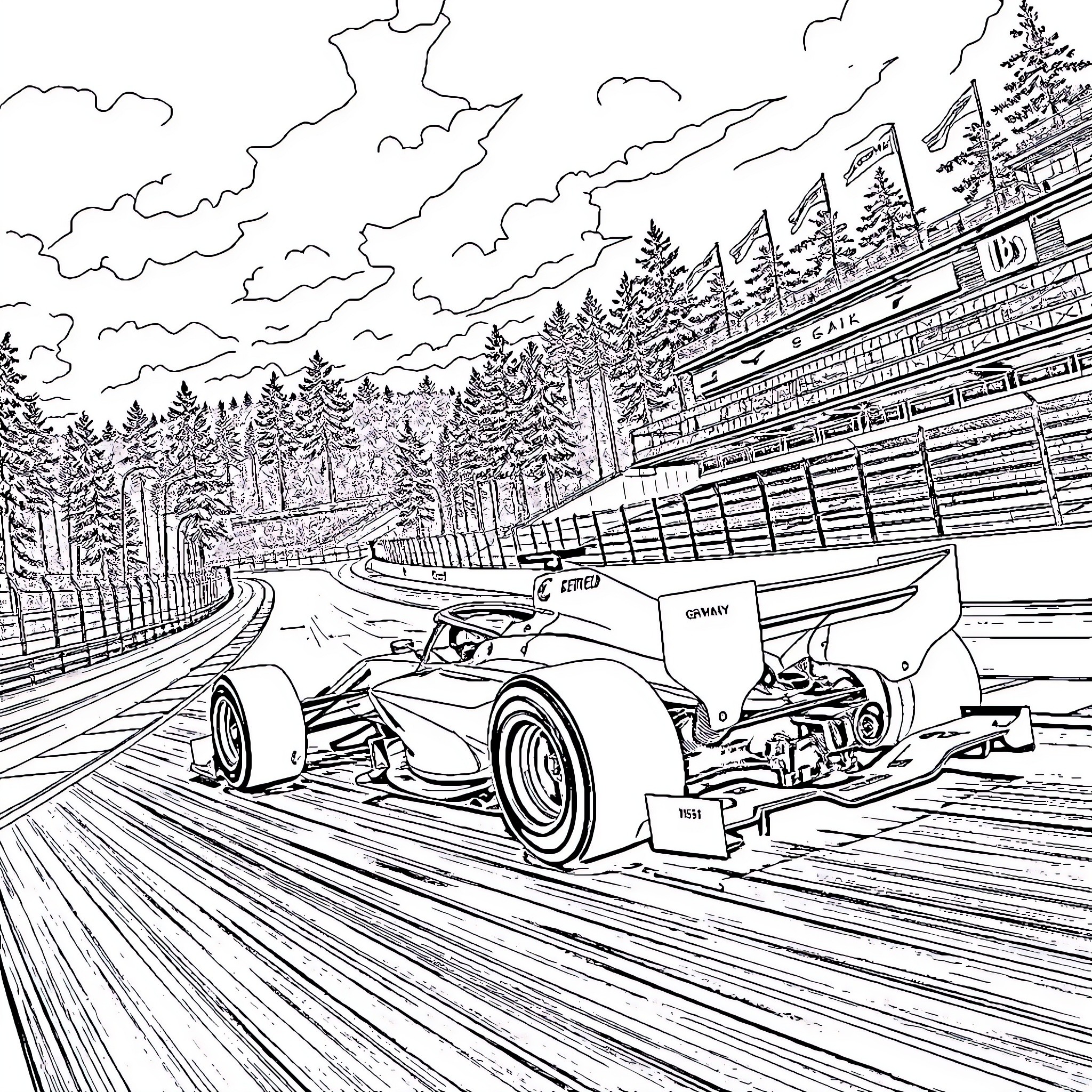 Formula 1 Car racing on a winding track Coloring Page (free black-and-white line drawing printable PDF for all, from beginners to advanced learners, including children, teens, adults, and seniors)