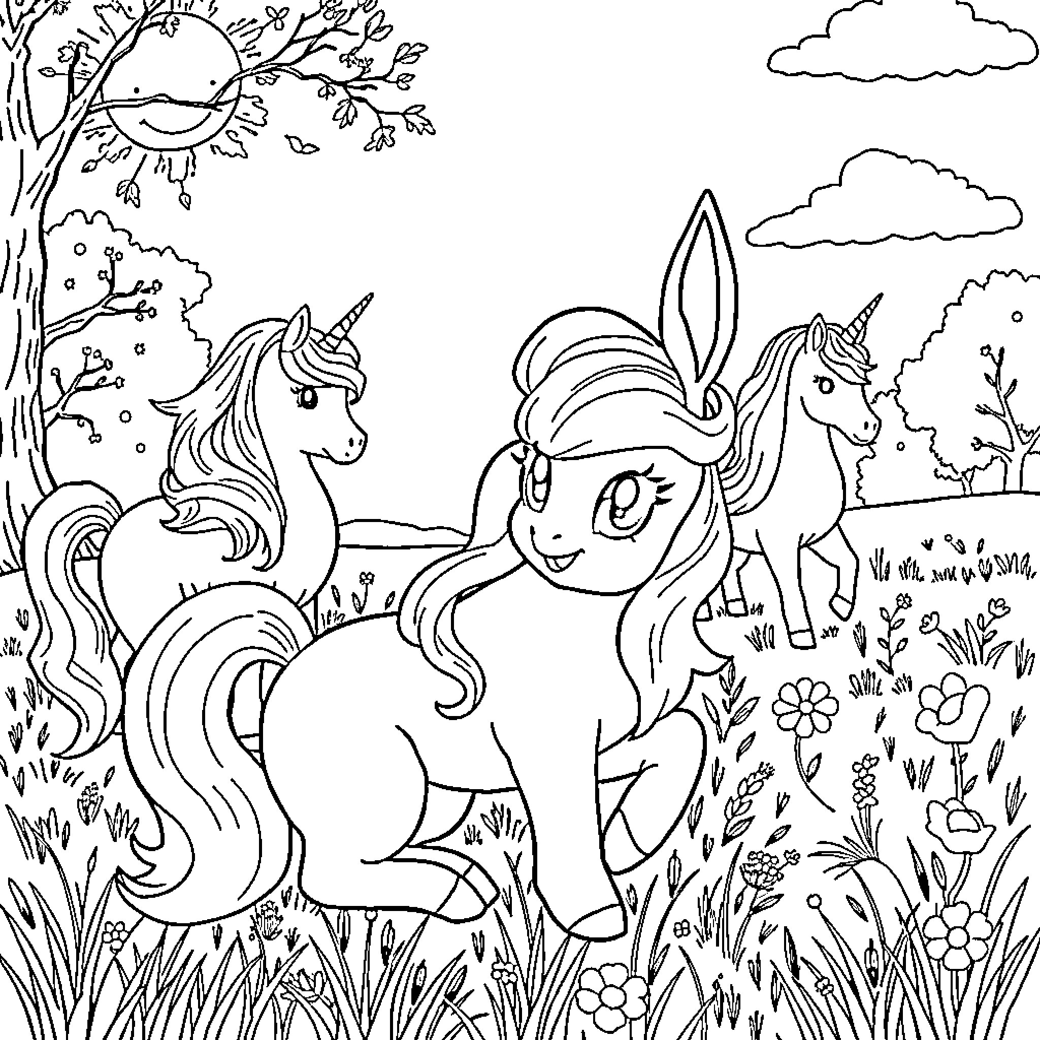 Eevee's Enchanted Unicorn Adventure Coloring Page (free black-and-white line drawing printable PDF for all, from beginners to advanced learners, including children, teens, adults, and seniors)