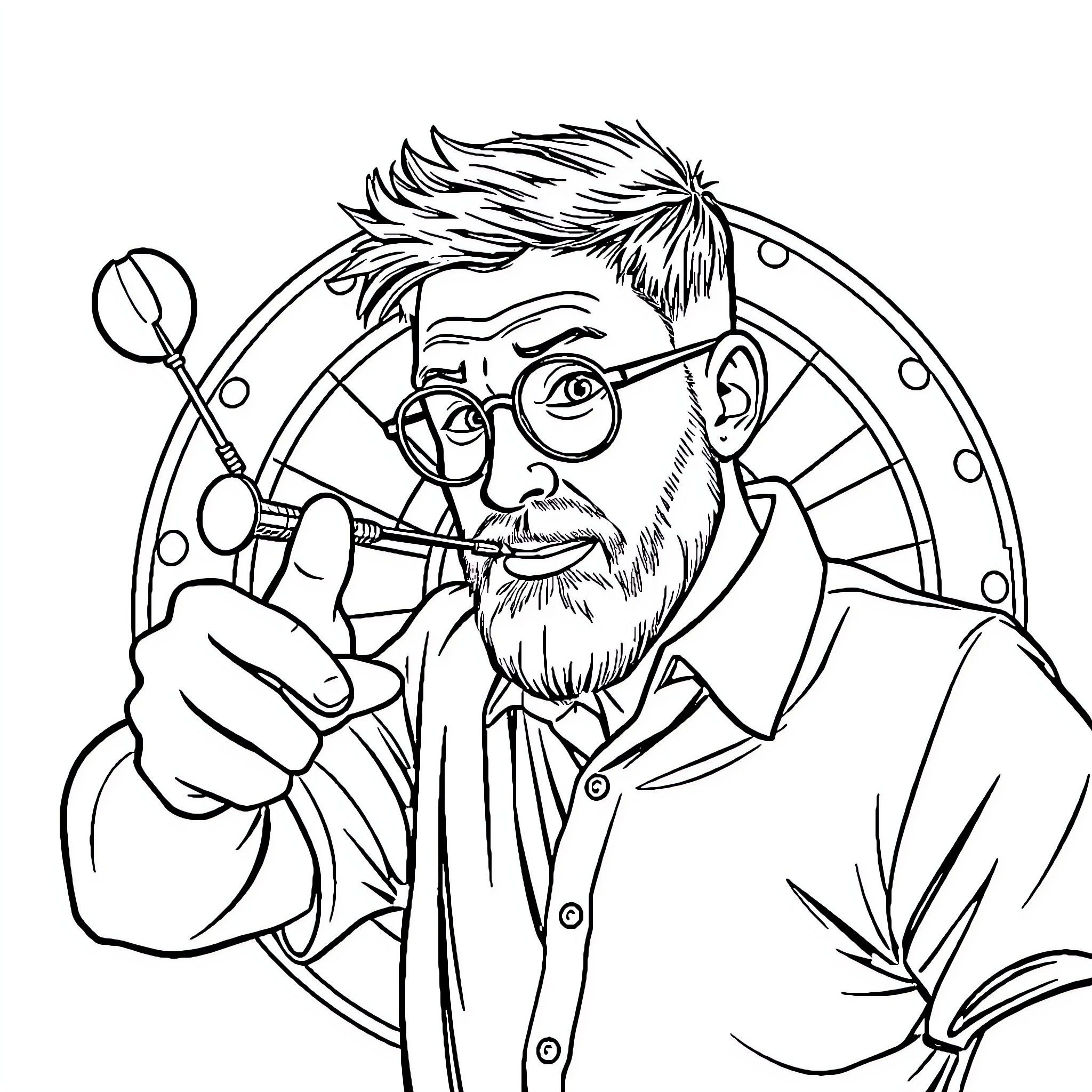 Man with Glasses and Beard Examining a Magnifying Glass Coloring Page (free black-and-white line drawing printable PDF for all, from beginners to advanced learners, including children, teens, adults, and seniors)