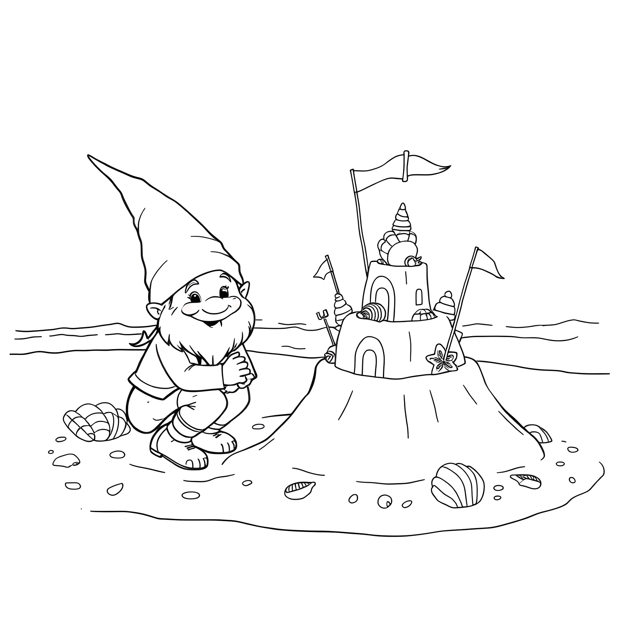Gnome building a sandcastle by the beach Coloring Page (free black-and-white line drawing printable PDF for all, from beginners to advanced learners, including children, teens, adults, and seniors)