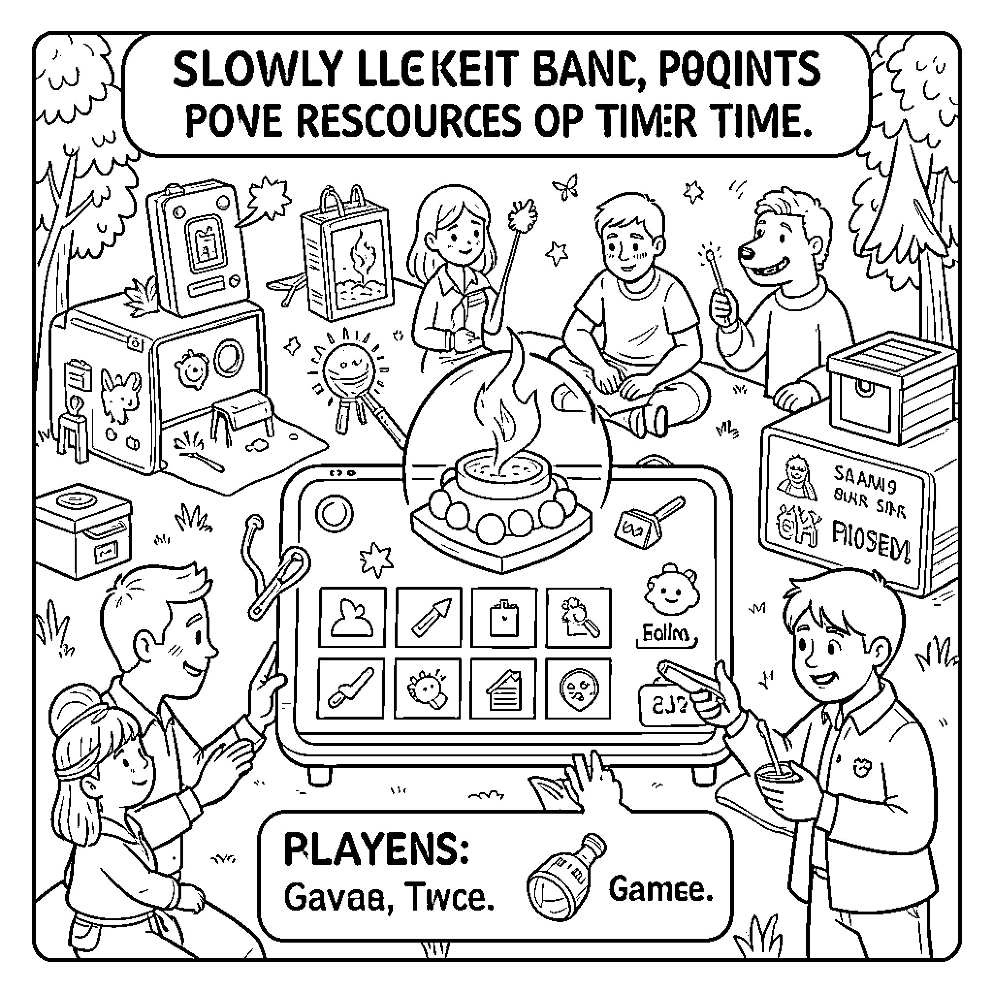 Incremental Game characters interacting around a digital interface Coloring Page (free black-and-white line drawing printable PDF for all, from beginners to advanced learners, including children, teens, adults, and seniors)