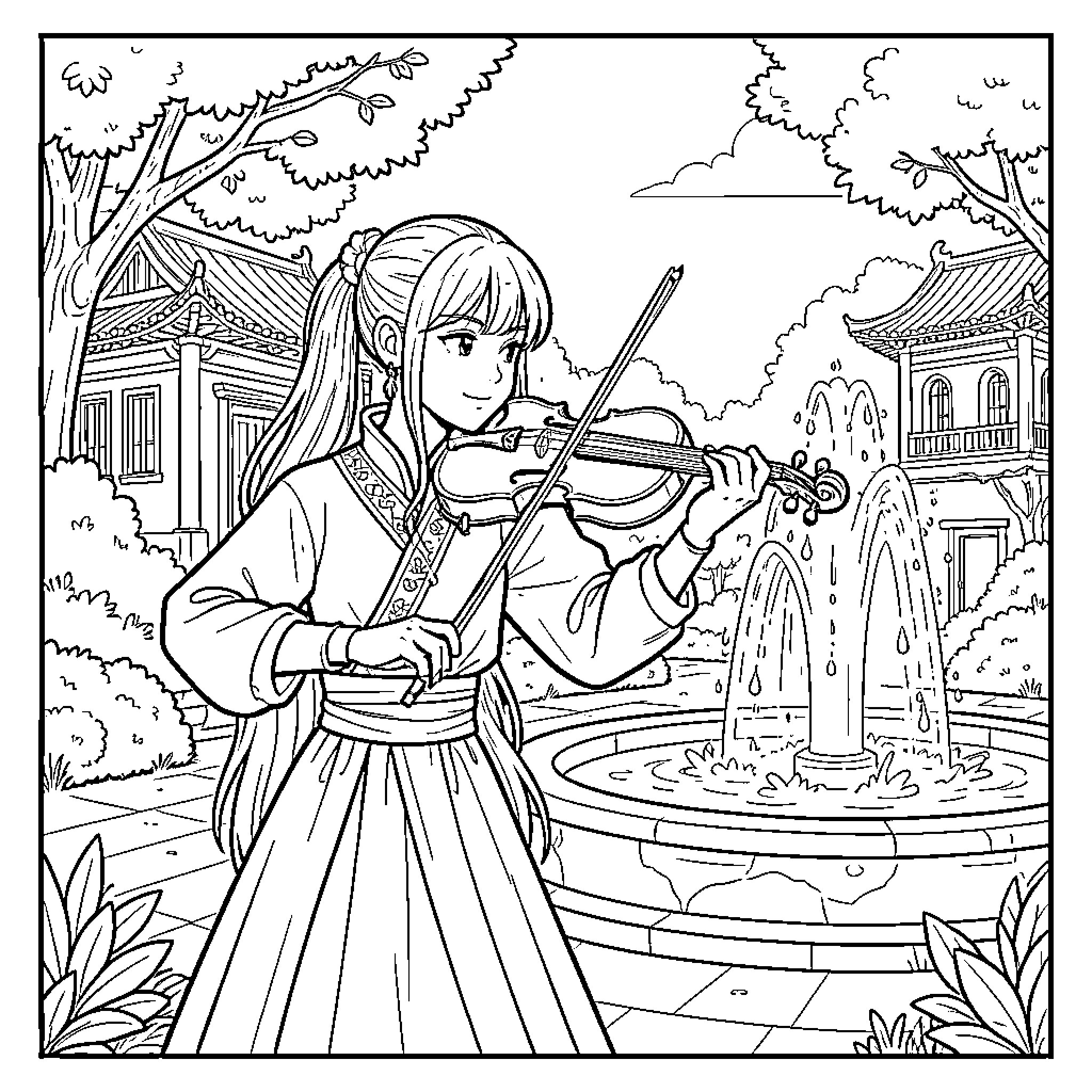 XieLian playing violin in serene garden Coloring Page (free black-and-white line drawing printable PDF for all, from beginners to advanced learners, including children, teens, adults, and seniors)