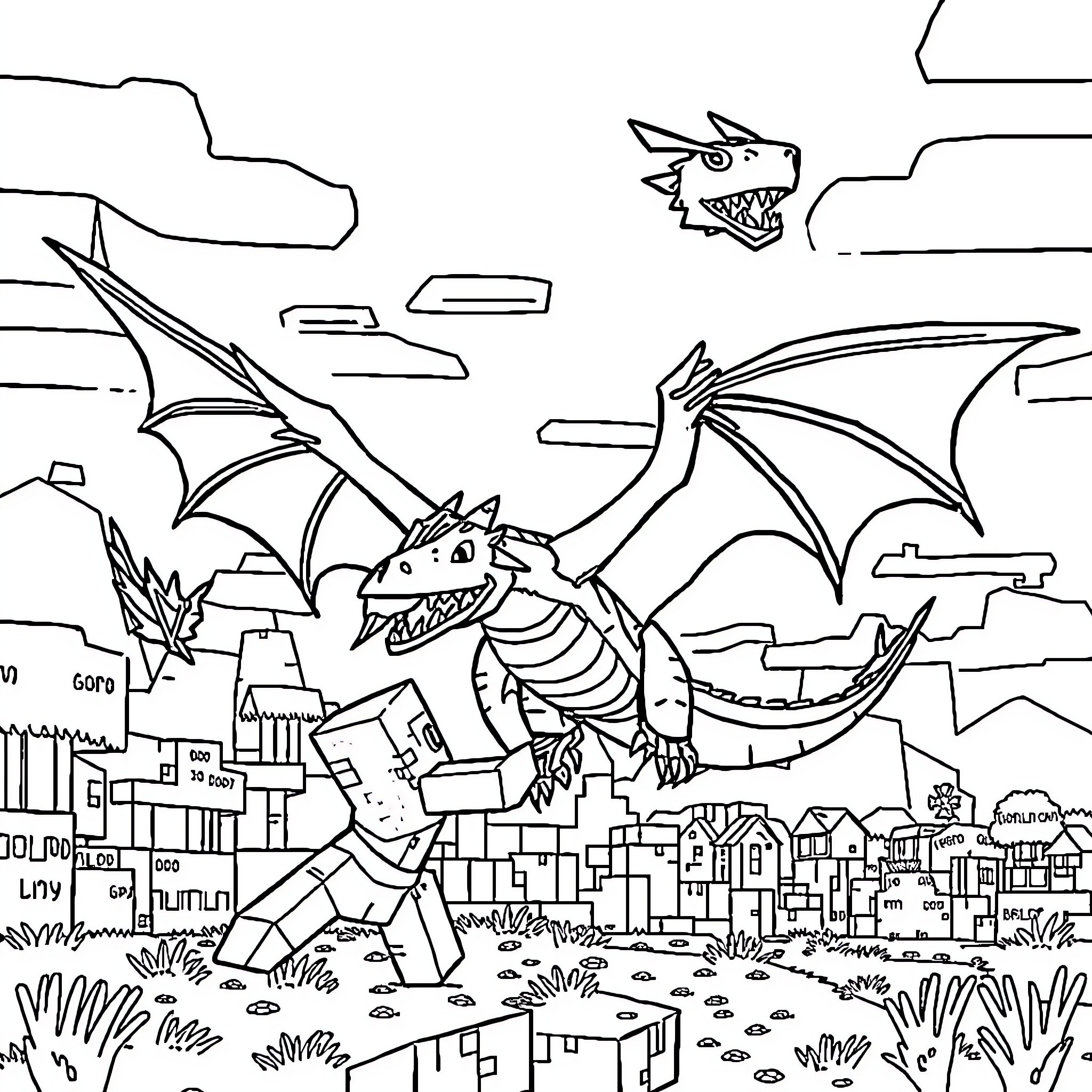 Dragon attacking a medieval city Coloring Page (free black-and-white line drawing printable PDF for all, from beginners to advanced learners, including children, teens, adults, and seniors)