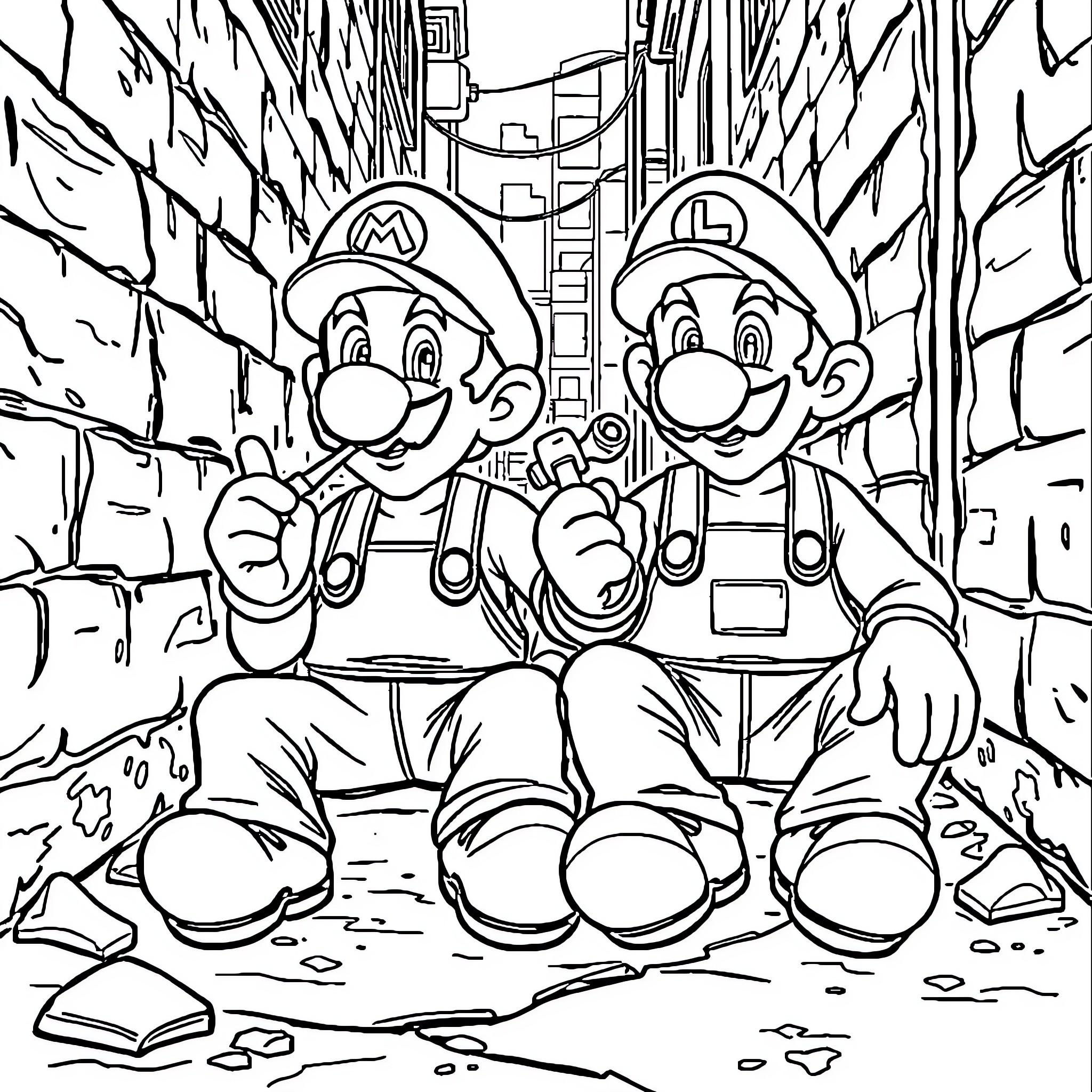 Mario and Luigi Plumbers Exploring Tunnels Coloring Page (free black-and-white line drawing printable PDF for all, from beginners to advanced learners, including children, teens, adults, and seniors)