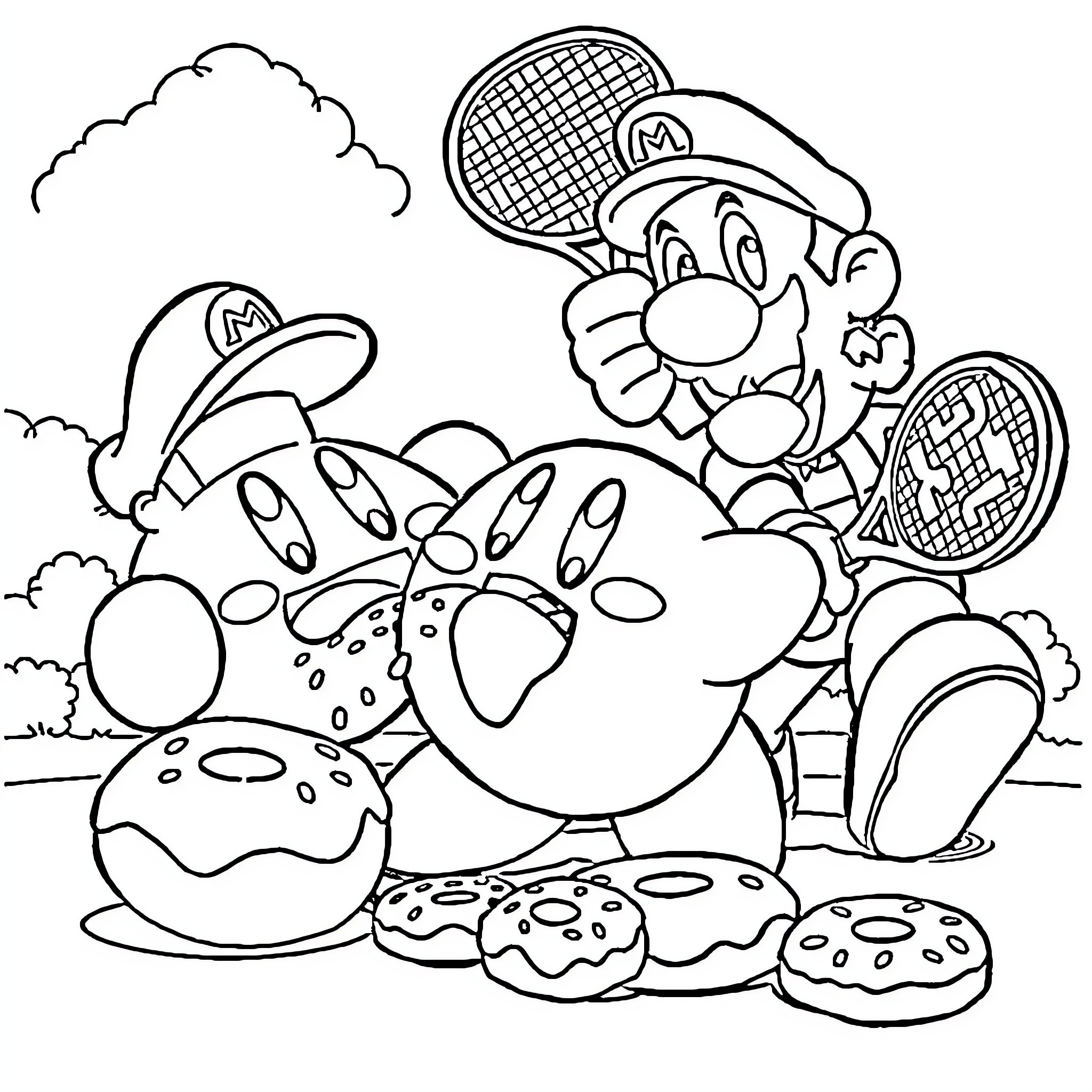 Kirby playing with tennis rackets on a cloudy day Coloring Page (free black-and-white line drawing printable PDF for all, from beginners to advanced learners, including children, teens, adults, and seniors)