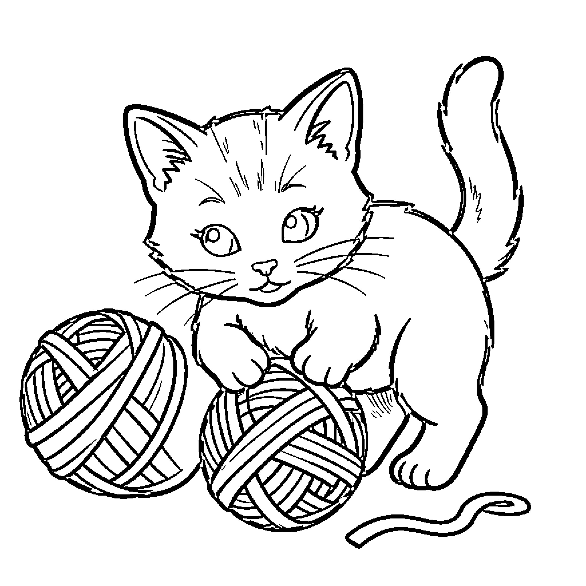 Cat playing with yarn balls Coloring Page (free black-and-white line drawing printable PDF for all, from beginners to advanced learners, including children, teens, adults, and seniors)