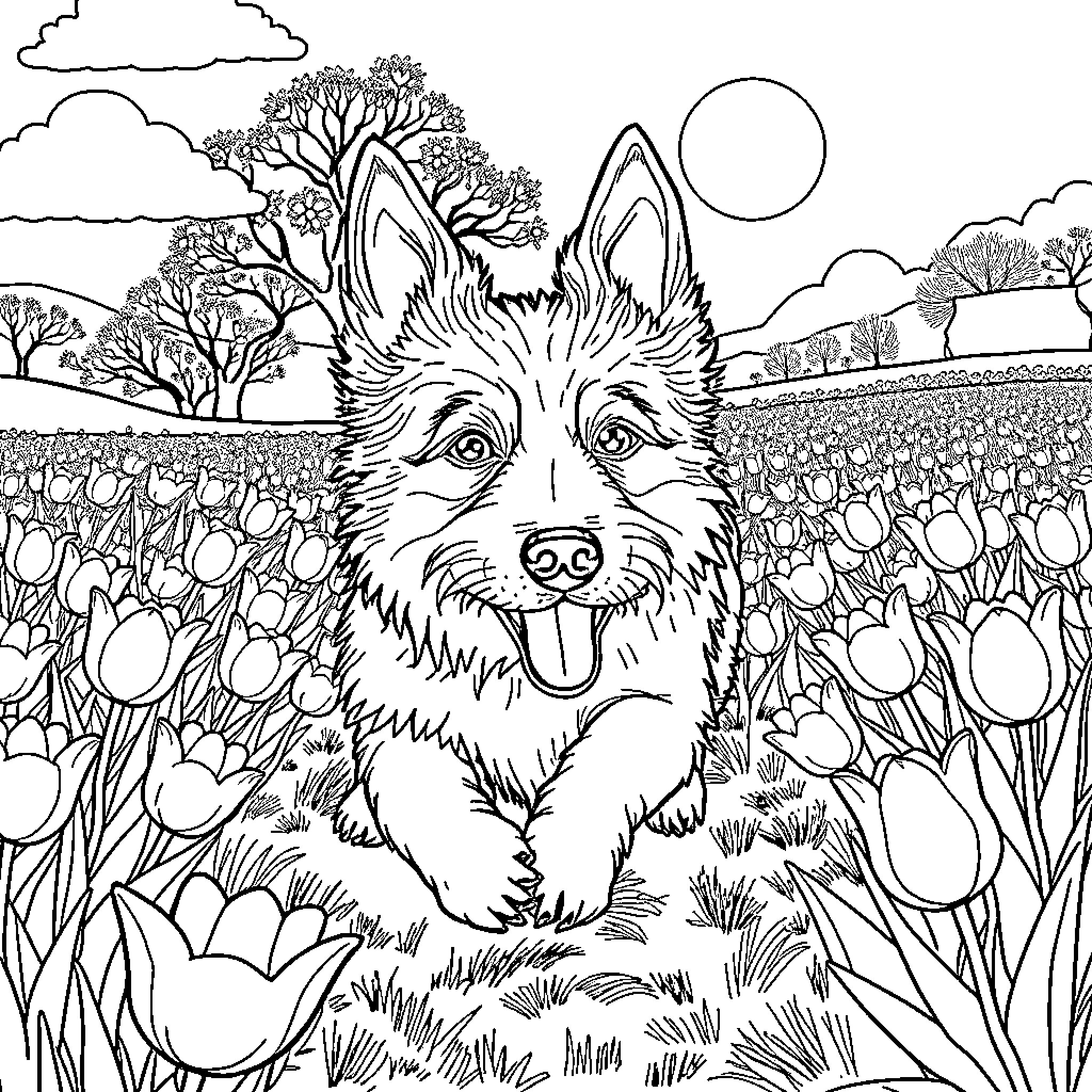 Perro feliz en un campo de tulipanes Coloring Page (free black-and-white line drawing printable PDF for all, from beginners to advanced learners, including children, teens, adults, and seniors)