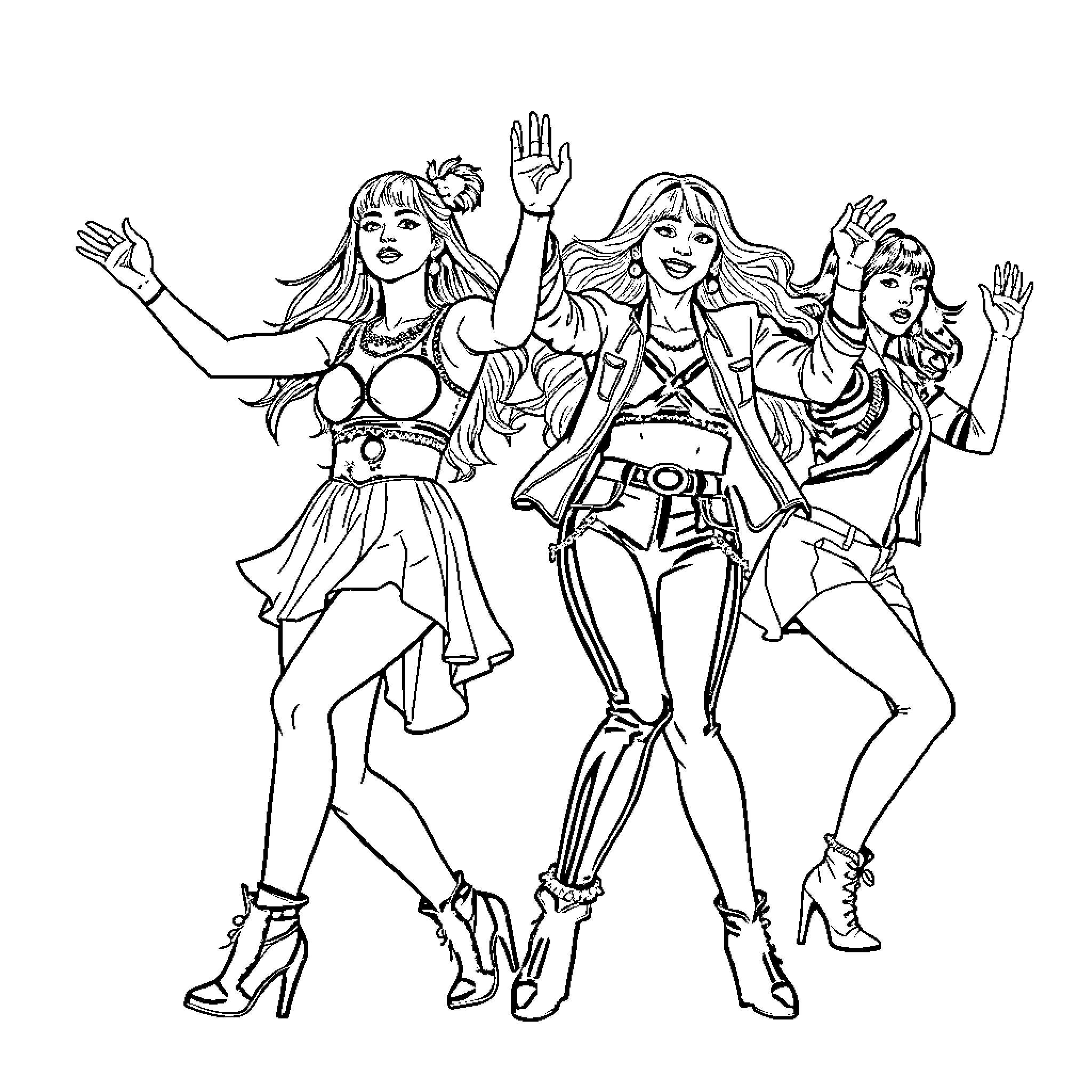K Pop Performance with Energetic Dancers Coloring Page (free black-and-white line drawing printable PDF for all, from beginners to advanced learners, including children, teens, adults, and seniors)