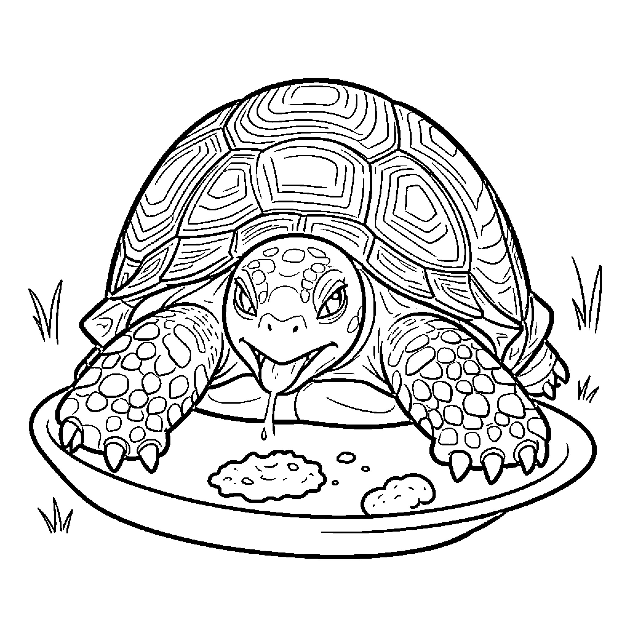 Turtle eating food from a plate with appetite Coloring Page (free black-and-white line drawing printable PDF for all, from beginners to advanced learners, including children, teens, adults, and seniors)