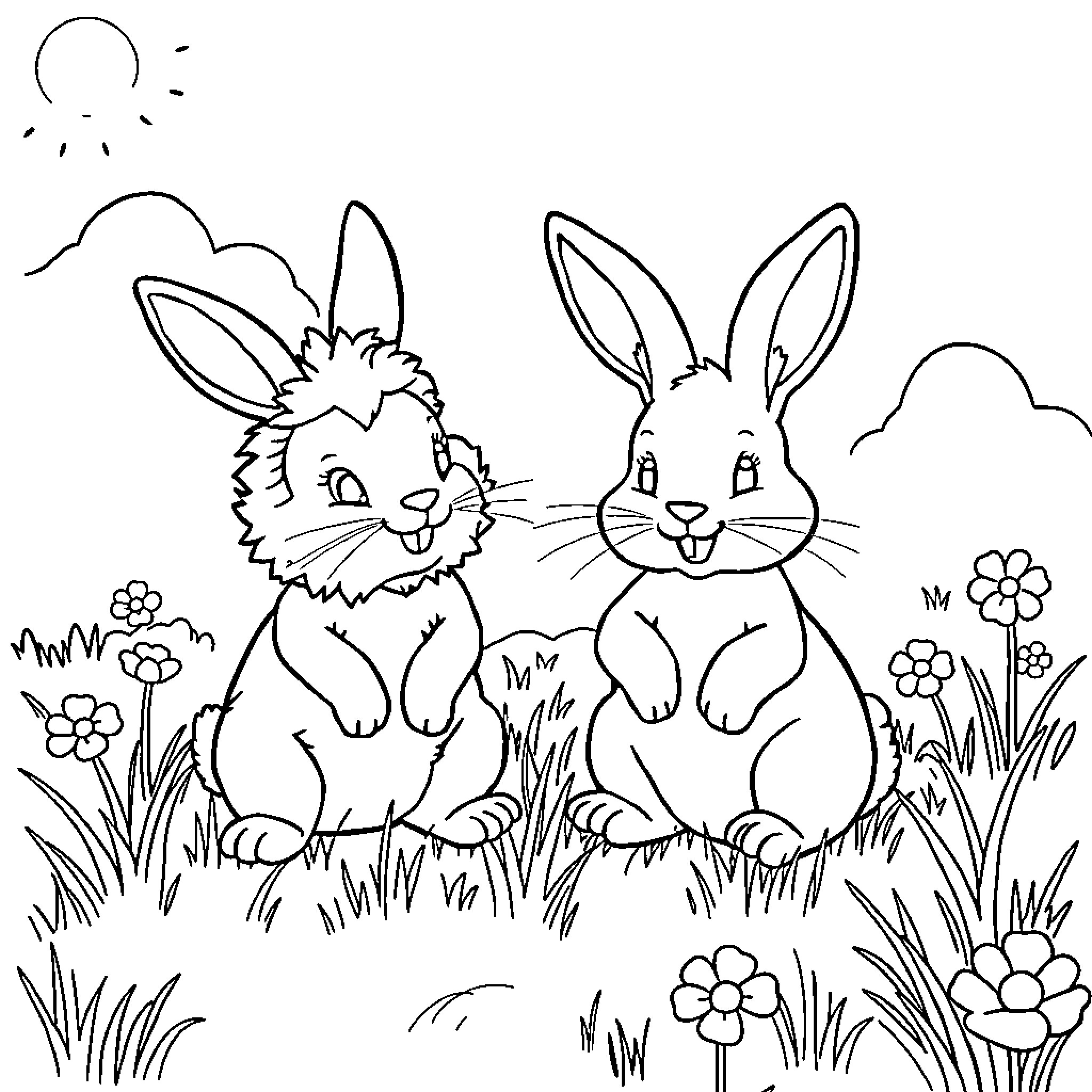 Rabbit friends in a flowery meadow Coloring Page (free black-and-white line drawing printable PDF for all, from beginners to advanced learners, including children, teens, adults, and seniors)