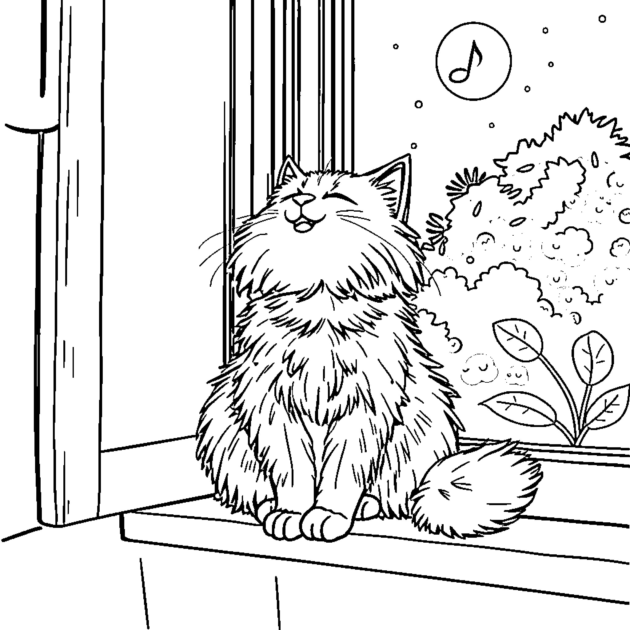 Cat relaxing in cozy indoor setting Coloring Page (free black-and-white line drawing printable PDF for all, from beginners to advanced learners, including children, teens, adults, and seniors)