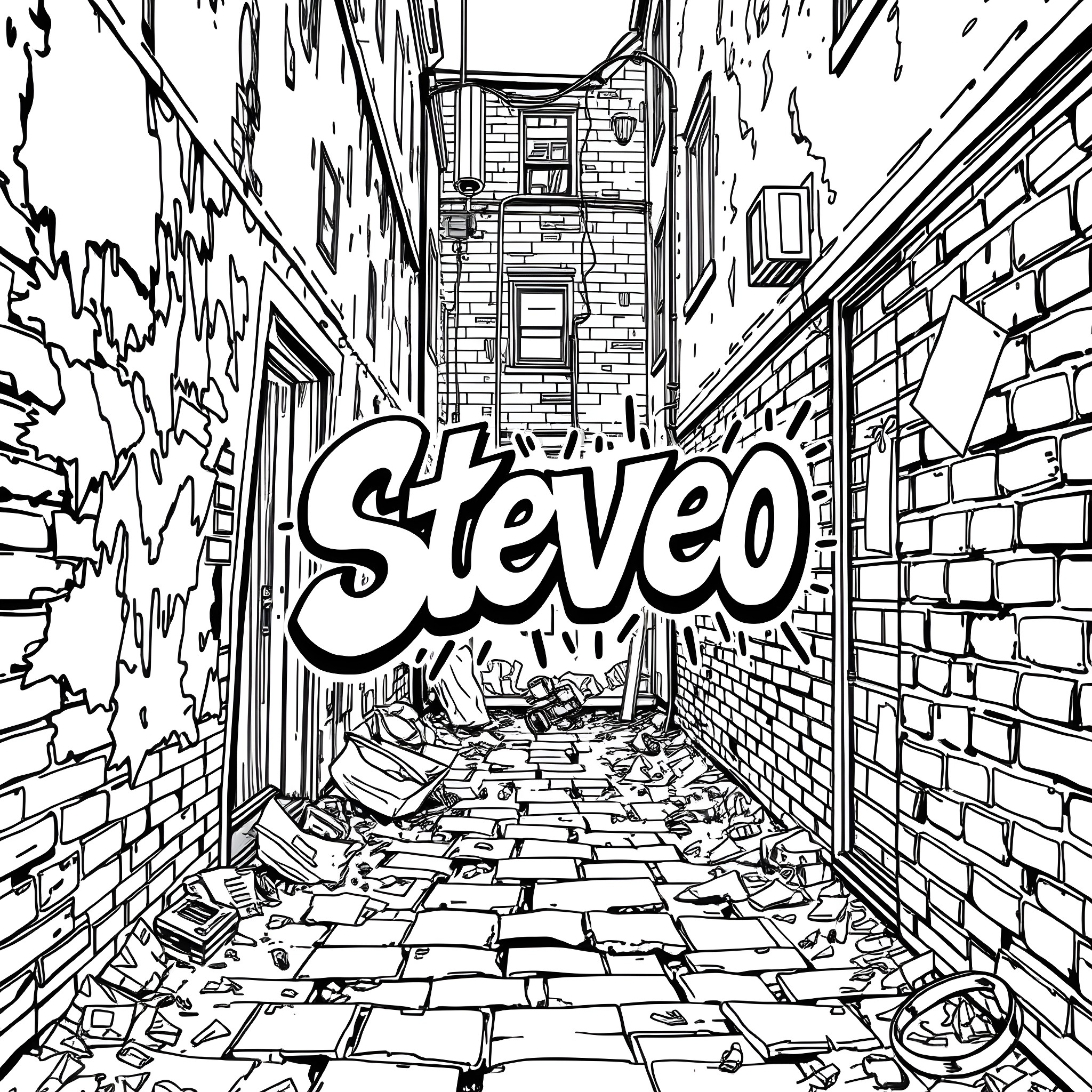Graffiti Artwork in Abandoned Alleyway Coloring Page (free black-and-white line drawing printable PDF for all, from beginners to advanced learners, including children, teens, adults, and seniors)
