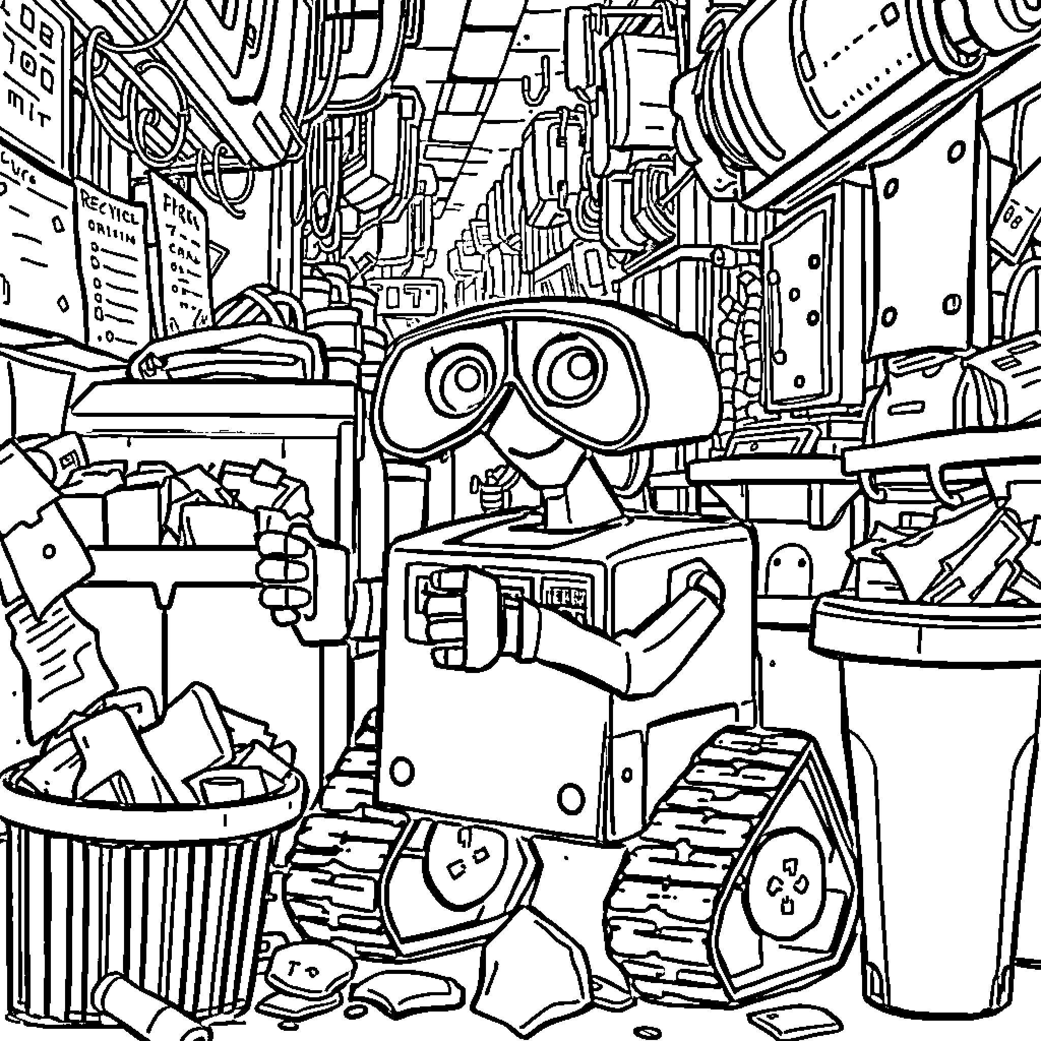 Wall-E exploring a cluttered and futuristic environment Coloring Page (free black-and-white line drawing printable PDF for all, from beginners to advanced learners, including children, teens, adults, and seniors)