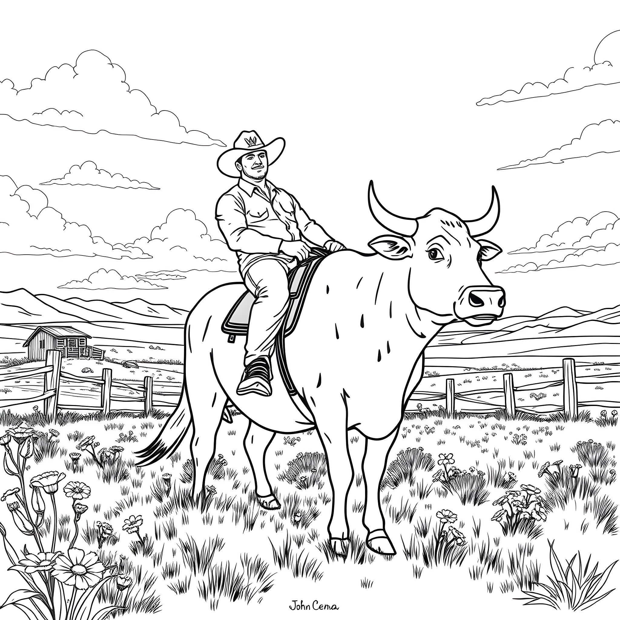 John Cena riding a cow in a rural landscape Coloring Page (free black-and-white line drawing printable PDF for all, from beginners to advanced learners, including children, teens, adults, and seniors)