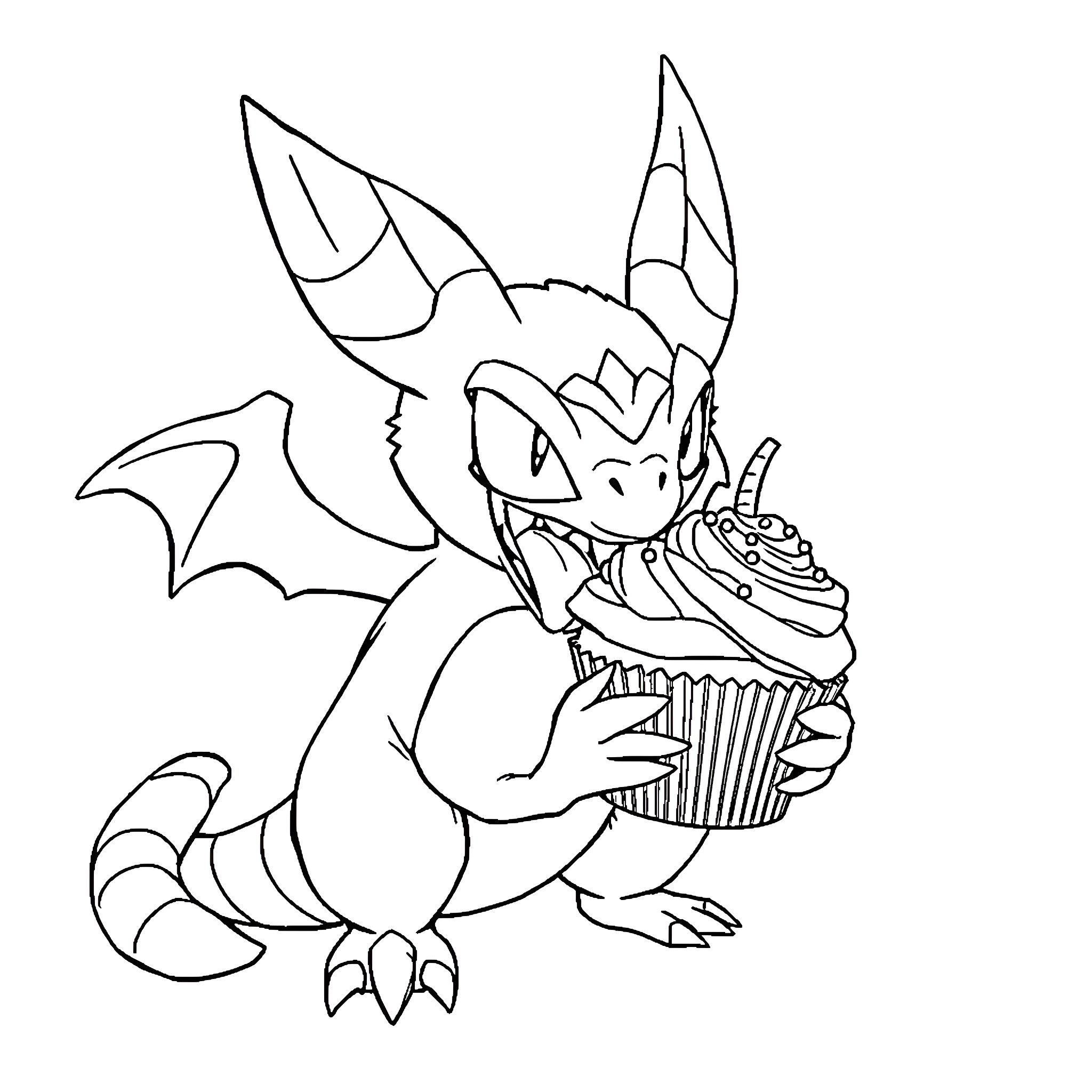 Noivern enjoying a delicious cupcake Coloring Page (free black-and-white line drawing printable PDF for all, from beginners to advanced learners, including children, teens, adults, and seniors)