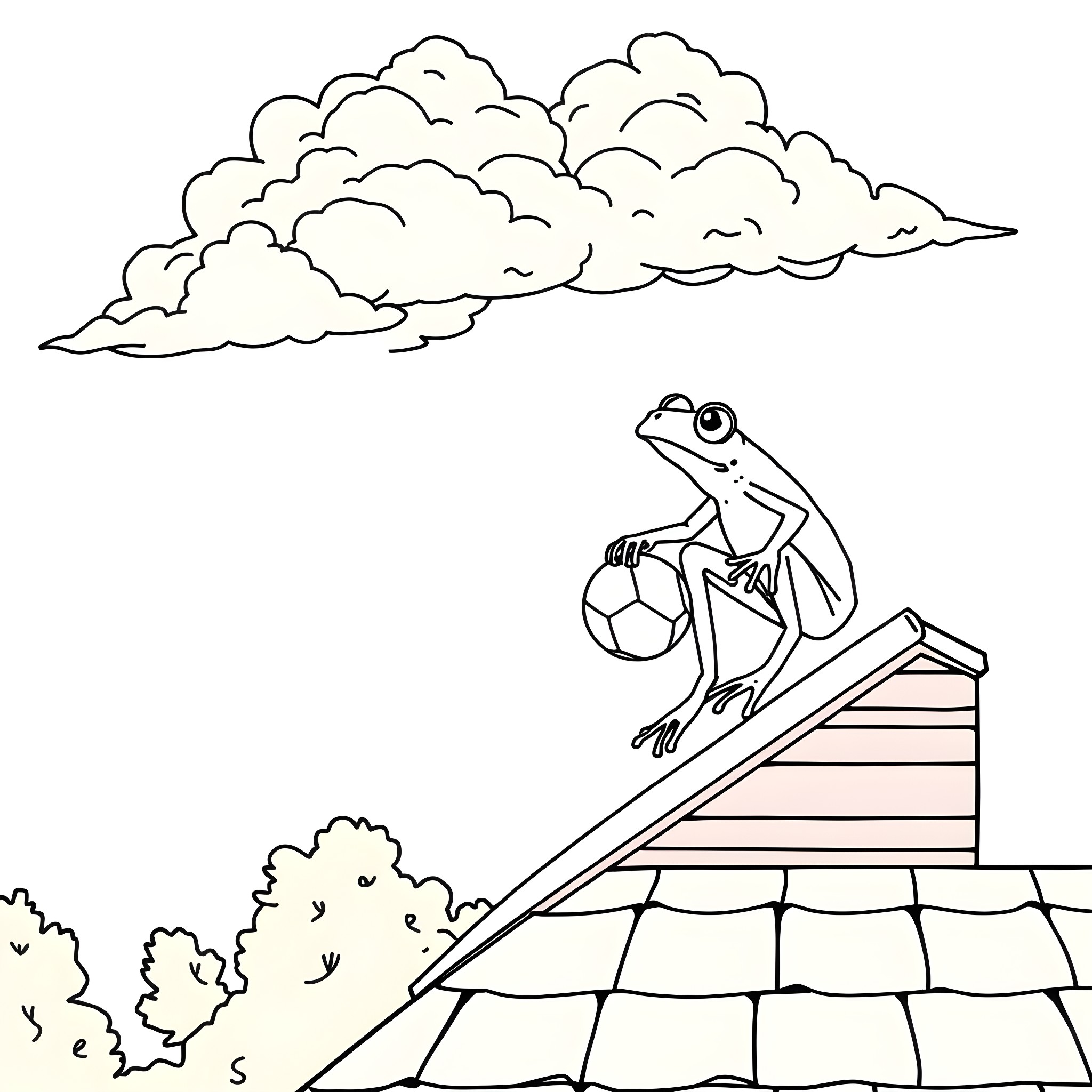 Tree Frog Sitting on Roof Enjoying the View Coloring Page (free black-and-white line drawing printable PDF for all, from beginners to advanced learners, including children, teens, adults, and seniors)
